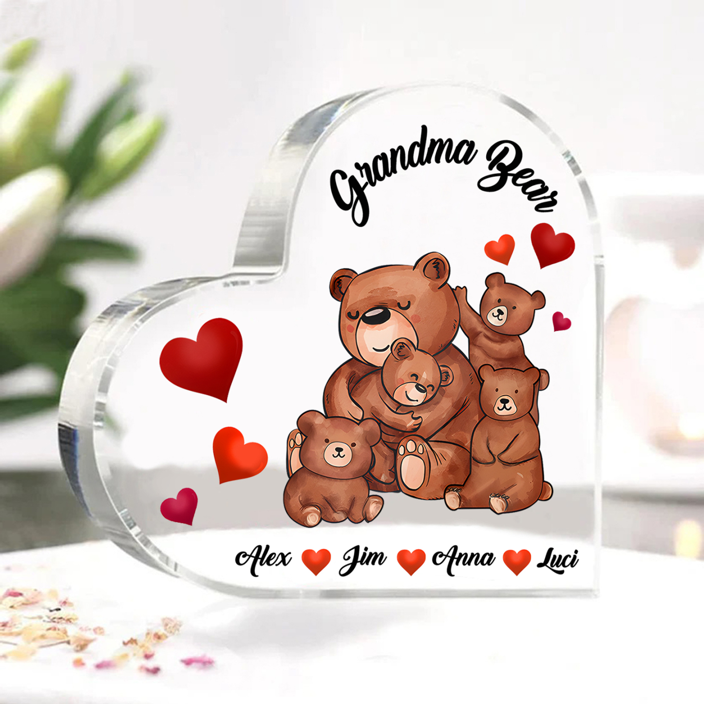 Personalized Bear Family Acrylic Heart Plaque Custom 1 Text & 1–6 Names Ornament Gifts for Grandma/Mother