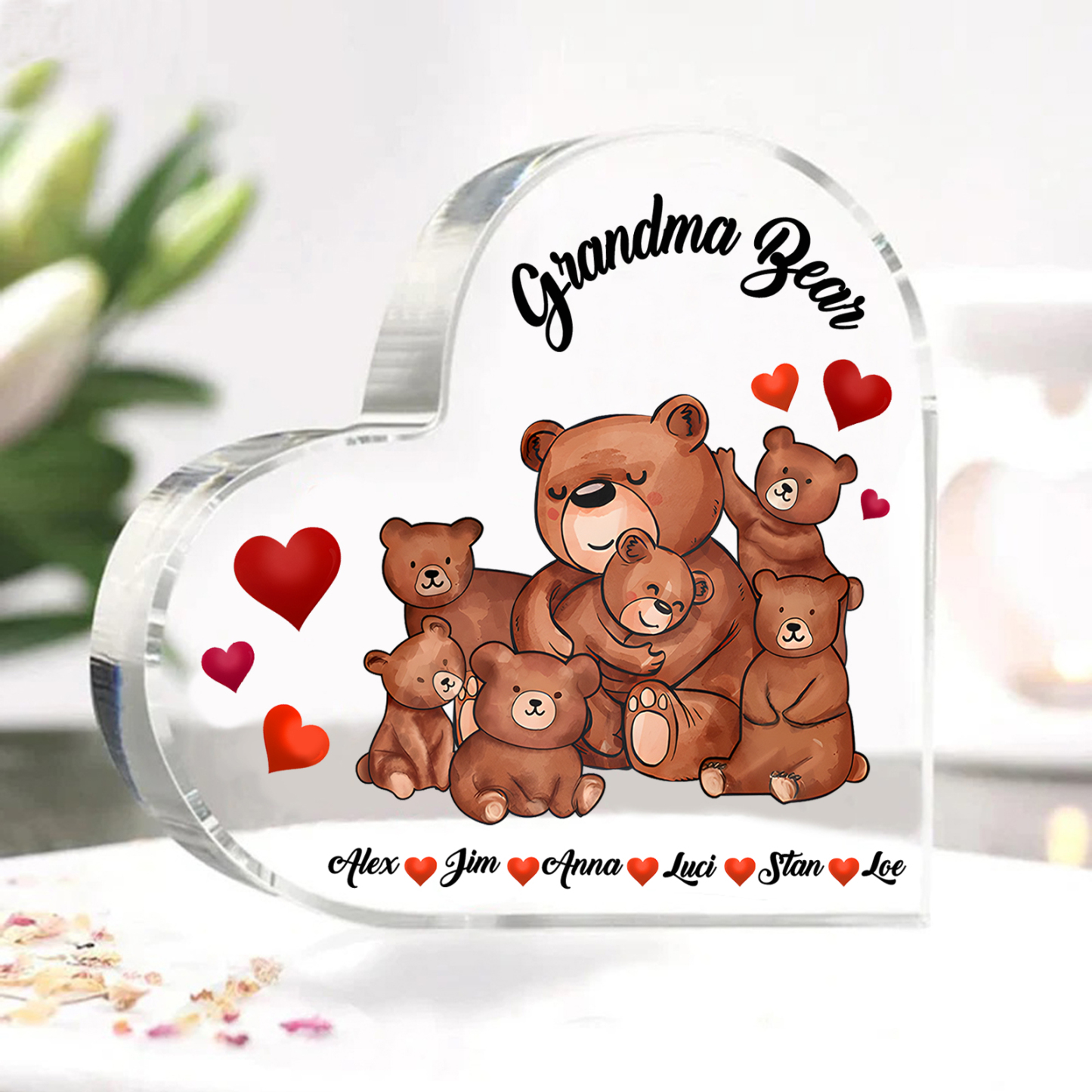 Personalized Bear Family Acrylic Heart Plaque Custom 1 Text & 1–6 Names Ornament Gifts for Grandma/Mother