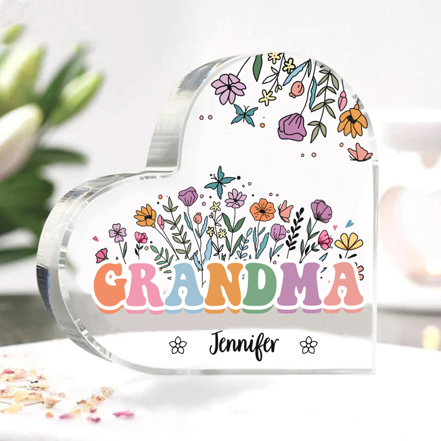 Personalized Flowers Acrylic Heart Plaque Custom 1 Text & 1–10 Names Ornament Gifts for Grandma/Mother