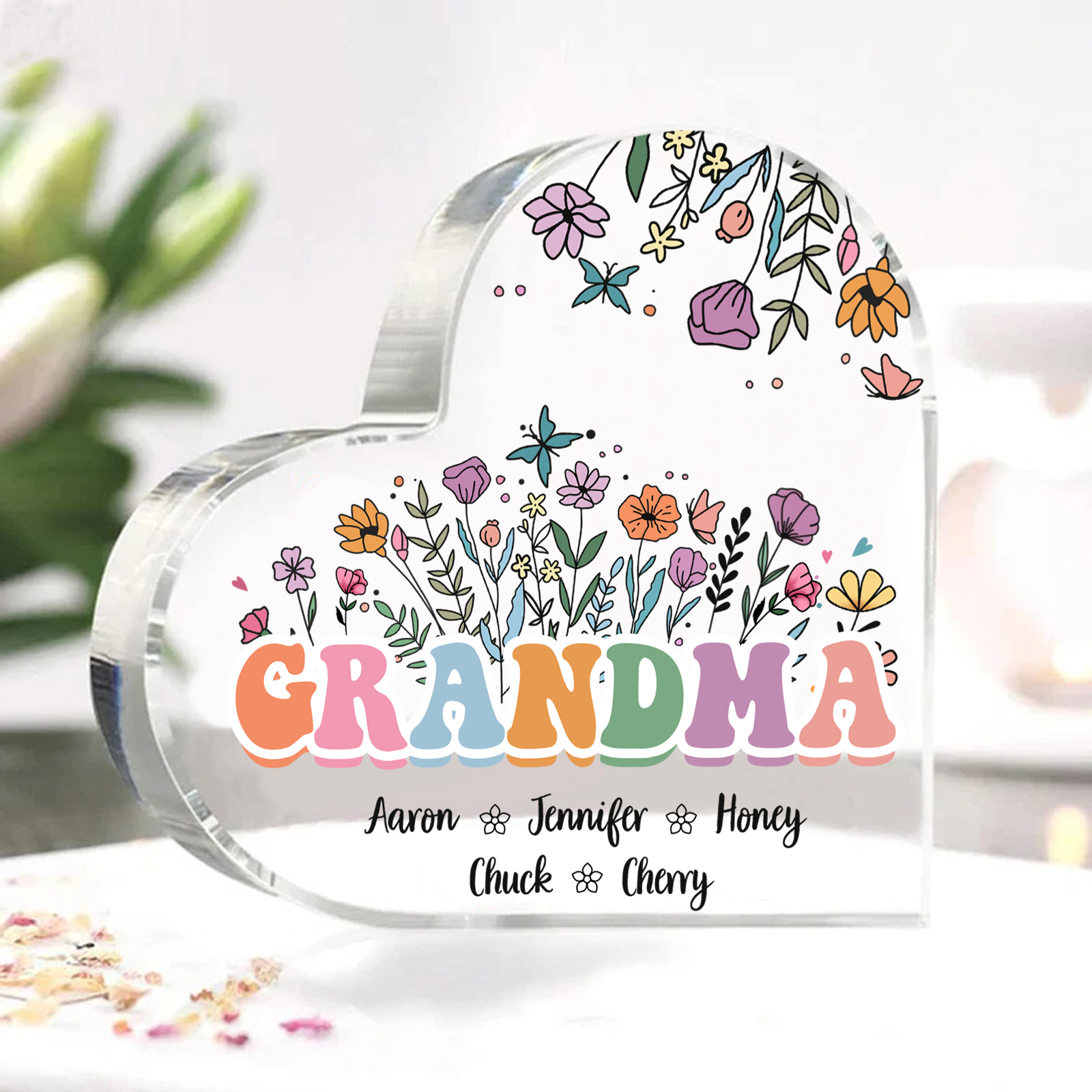 Personalized Flowers Acrylic Heart Plaque Custom 1 Text & 1–10 Names Ornament Gifts for Grandma/Mother