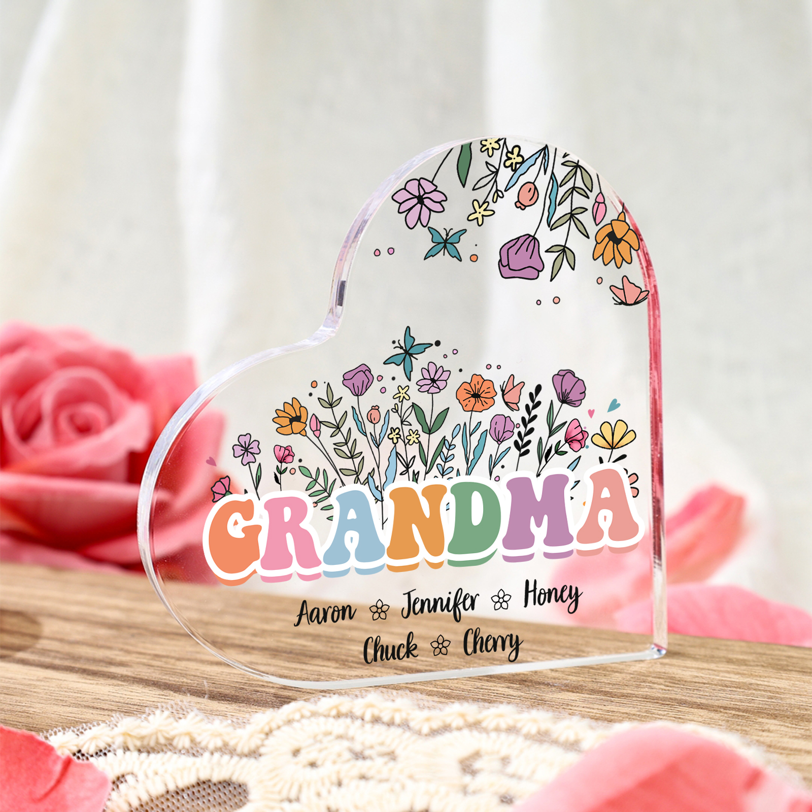 Personalized Flowers Acrylic Heart Plaque Custom 1 Text & 1–10 Names Ornament Gifts for Grandma/Mother