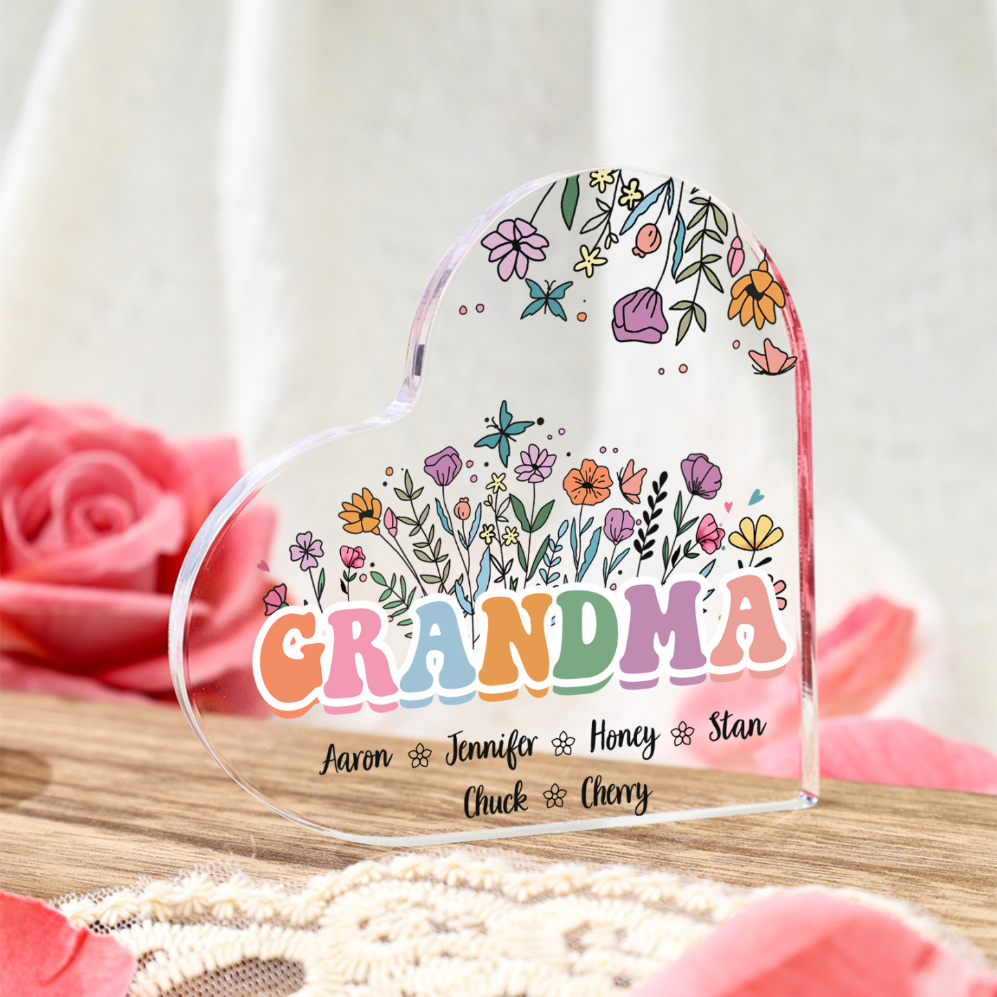 Personalized Flowers Acrylic Heart Plaque Custom 1 Text & 1–10 Names Ornament Gifts for Grandma/Mother