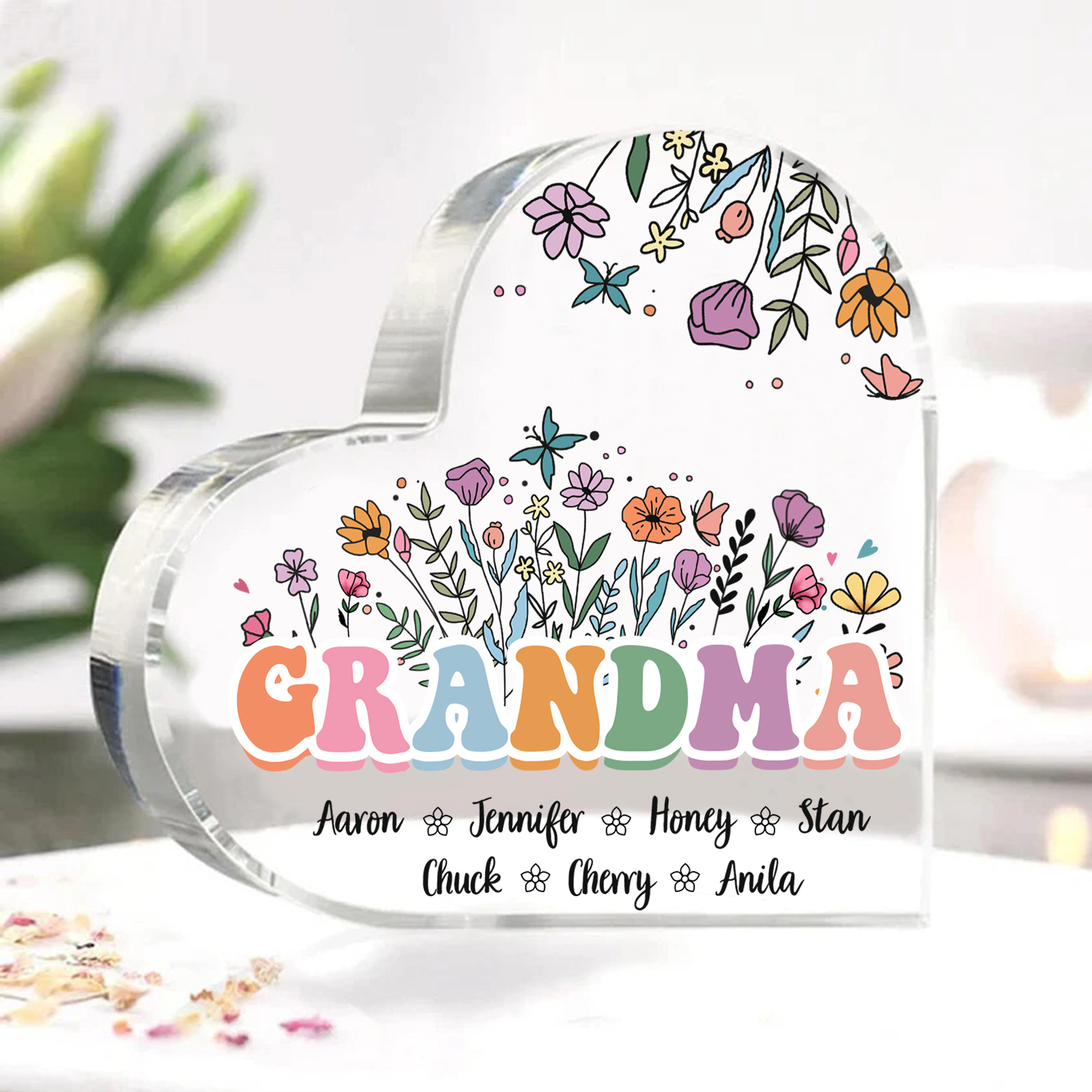 Personalized Flowers Acrylic Heart Plaque Custom 1 Text & 1–10 Names Ornament Gifts for Grandma/Mother