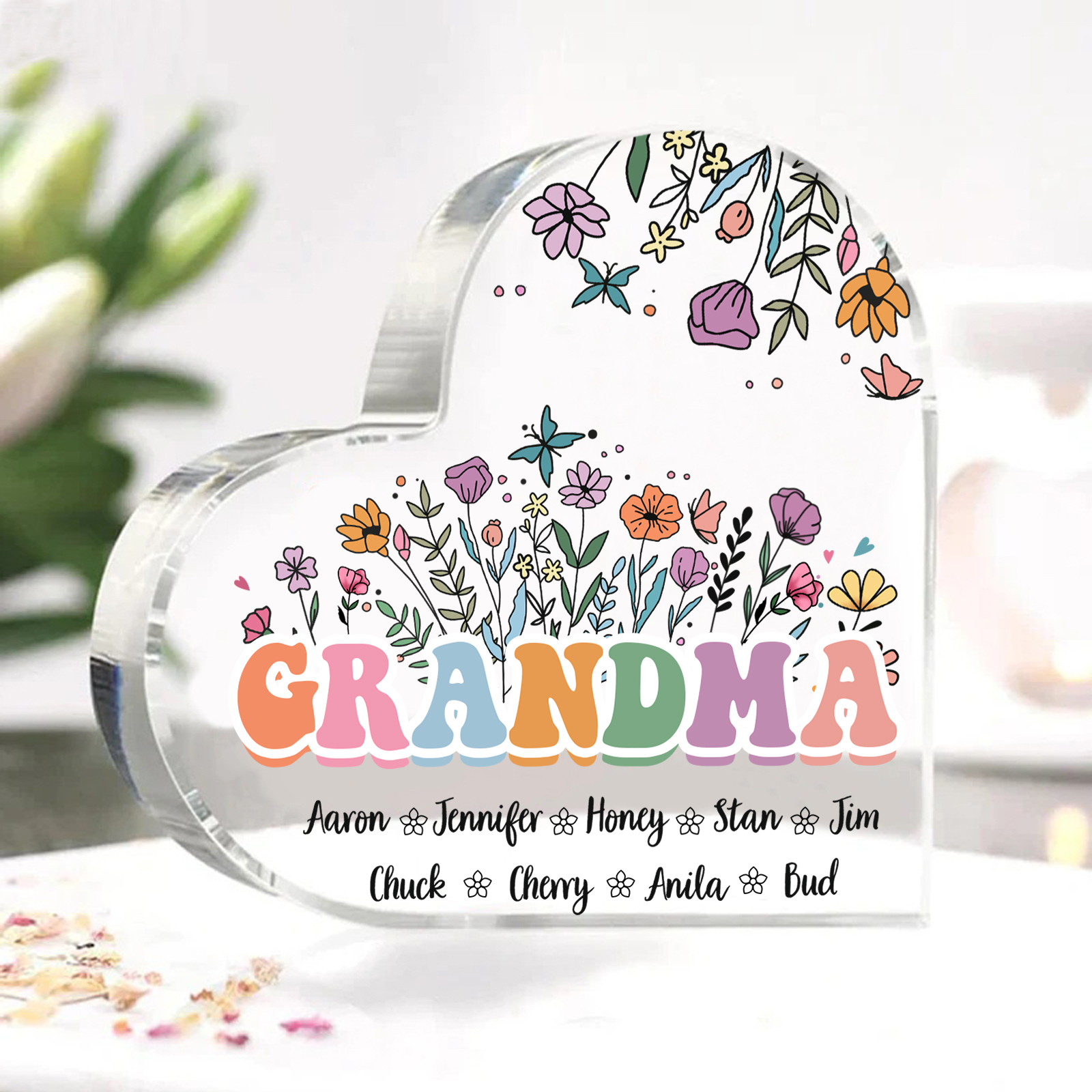 Personalized Flowers Acrylic Heart Plaque Custom 1 Text & 1–10 Names Ornament Gifts for Grandma/Mother