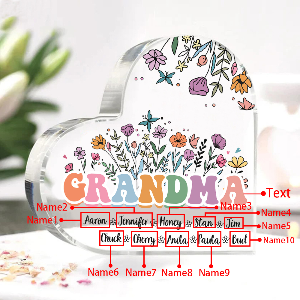 Personalized Flowers Acrylic Heart Plaque Custom 1 Text & 1–10 Names Ornament Gifts for Grandma/Mother