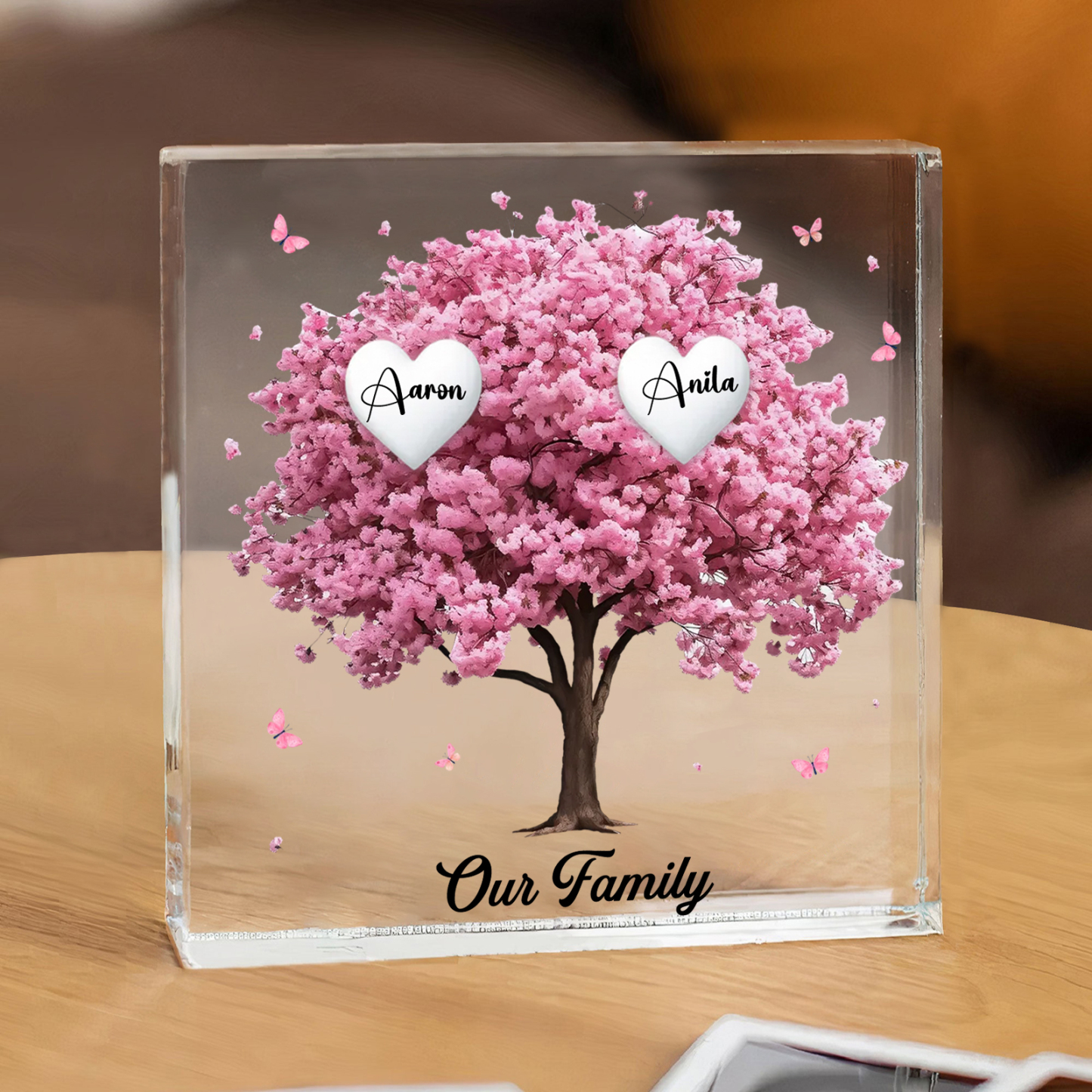Personalized Pink Family Tree Acrylic Square Plaque Custom 2–10 Names