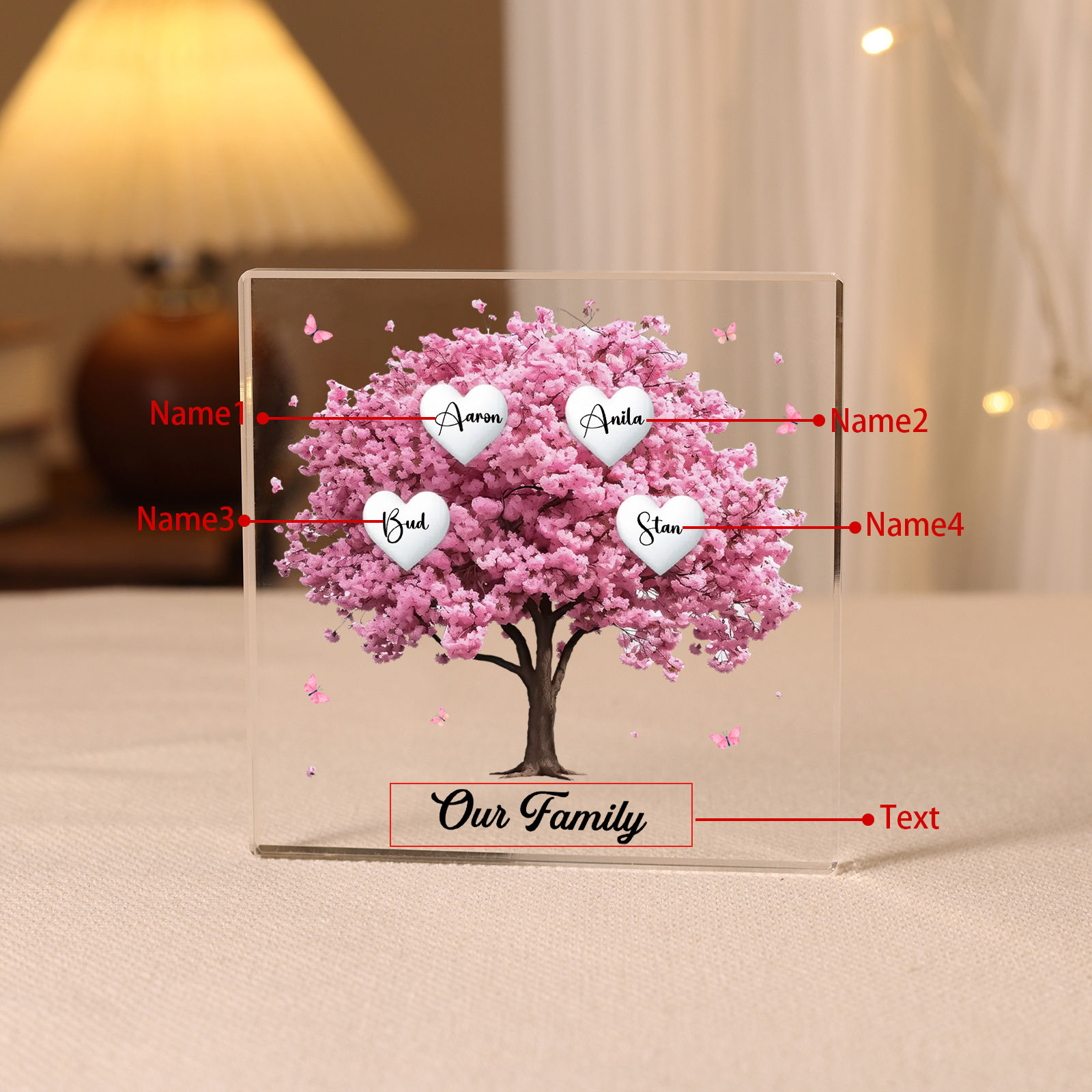 Personalised Pink Family Tree Acrylic Square Plaque Custom 2–10 Names & 1 Text Ornament Christmas Gifts for Grandma/Mother