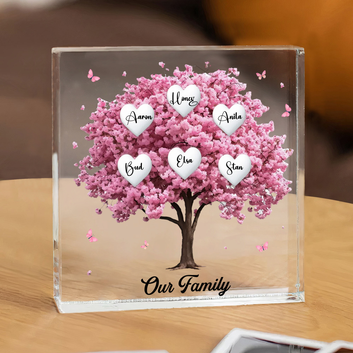 Personalised Pink Family Tree Acrylic Square Plaque Custom 2–10 Names & 1 Text Ornament Christmas Gifts for Grandma/Mother