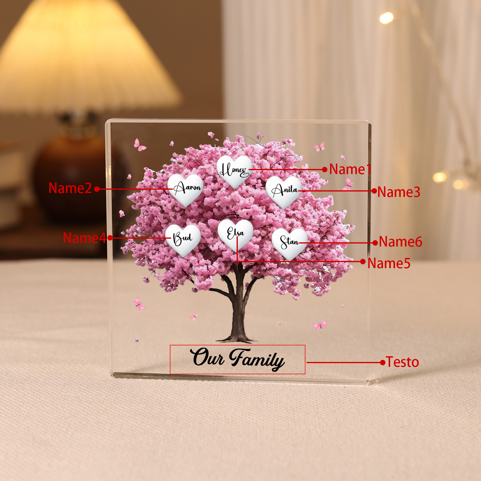Personalised Pink Family Tree Acrylic Square Plaque Custom 2–10 Names & 1 Text Ornament Christmas Gifts for Grandma/Mother