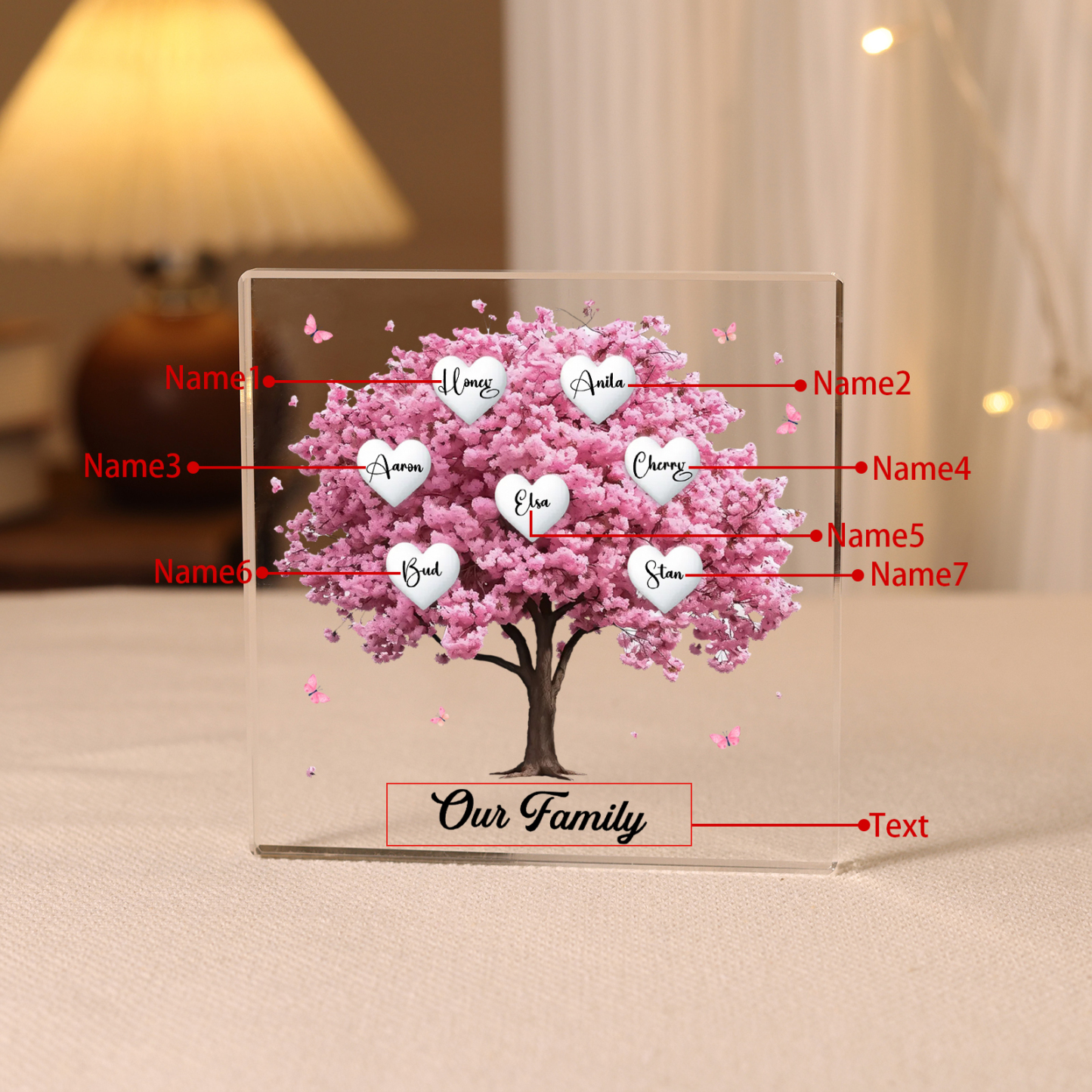 Personalised Pink Family Tree Acrylic Square Plaque Custom 2–10 Names & 1 Text Ornament Christmas Gifts for Grandma/Mother