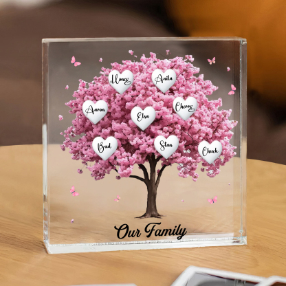 Personalised Pink Family Tree Acrylic Square Plaque Custom 2–10 Names & 1 Text Ornament Christmas Gifts for Grandma/Mother