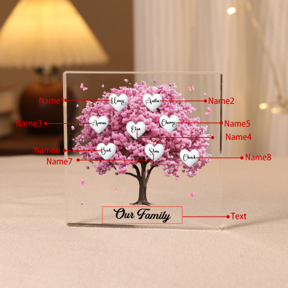 Personalised Pink Family Tree Acrylic Square Plaque Custom 2–10 Names & 1 Text Ornament Christmas Gifts for Grandma/Mother