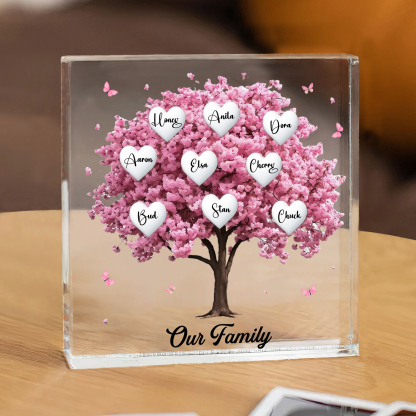 Personalised Pink Family Tree Acrylic Square Plaque Custom 2–10 Names & 1 Text Ornament Christmas Gifts for Grandma/Mother