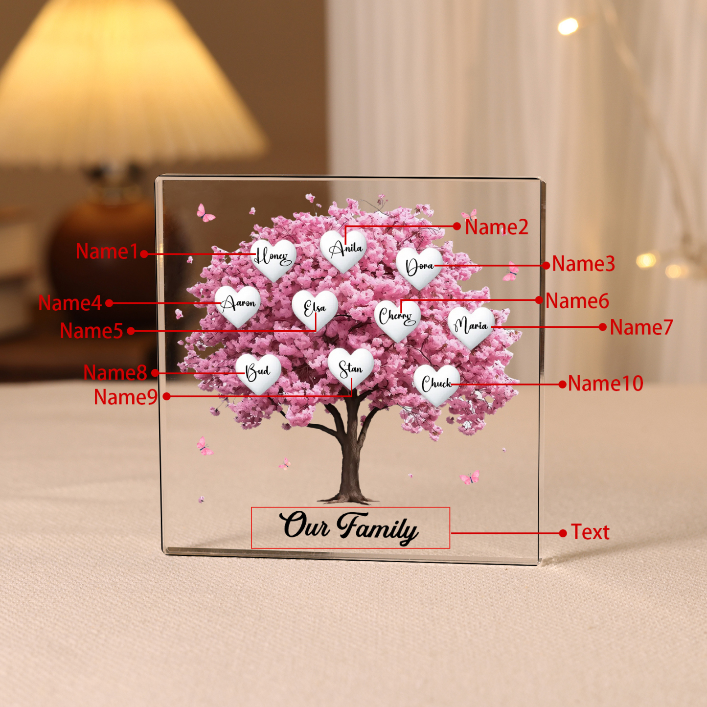 Personalised Pink Family Tree Acrylic Square Plaque Custom 2–10 Names & 1 Text Ornament Christmas Gifts for Grandma/Mother