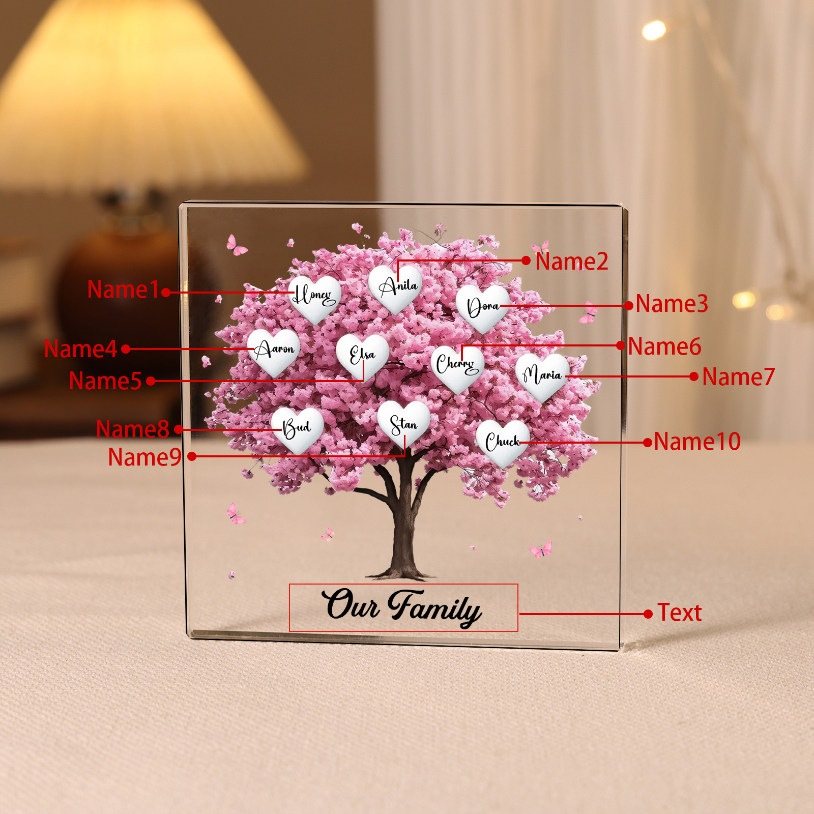 Personalised Pink Family Tree Acrylic Square Plaque Custom 2–10 Names & 1 Text Ornament Christmas Gifts for Grandma/Mother