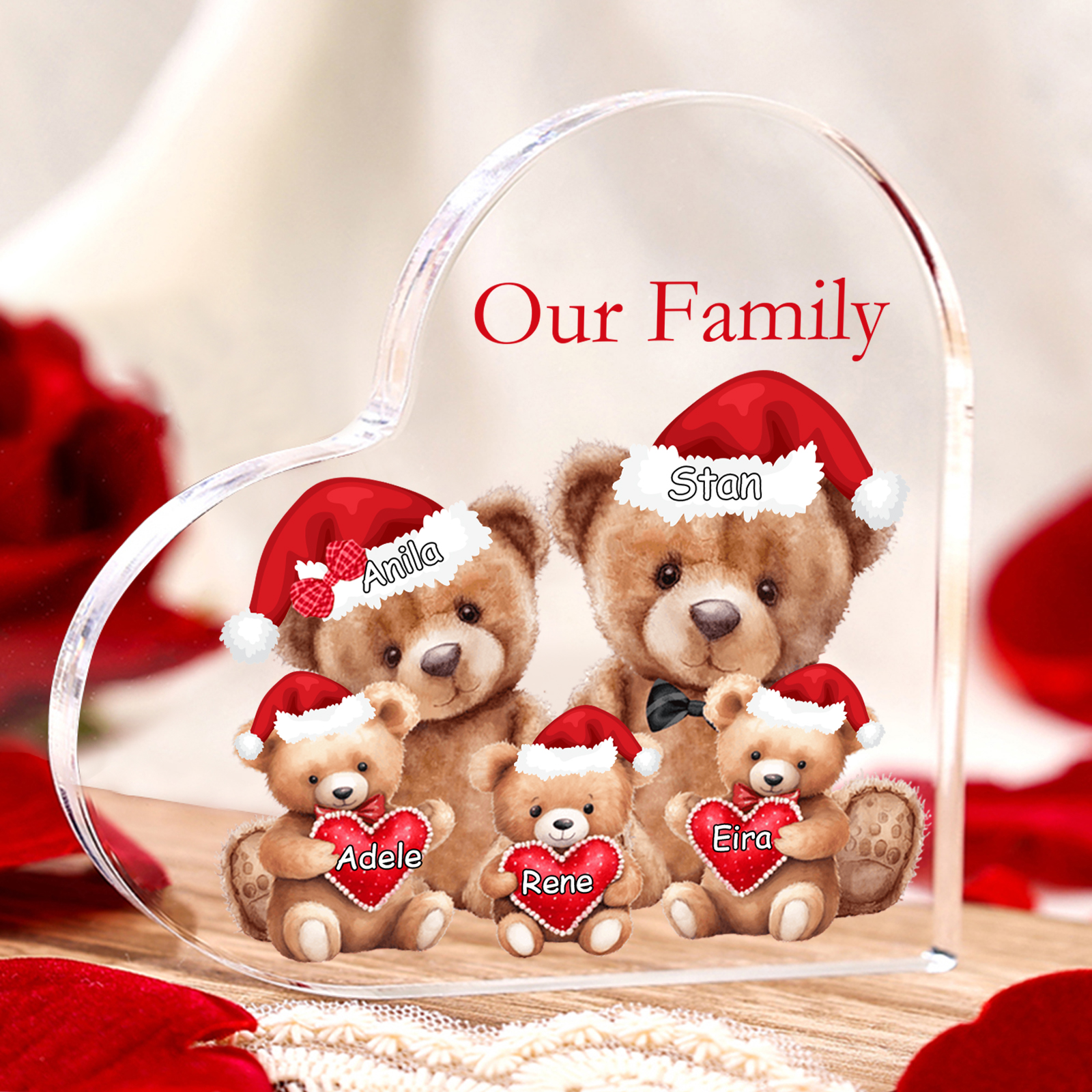 Personalised Teddy Bear Family Acrylic Heart Plaque Custom 3–10 Names & 1 Text Ornament Christmas Gifts for Dad/Mum