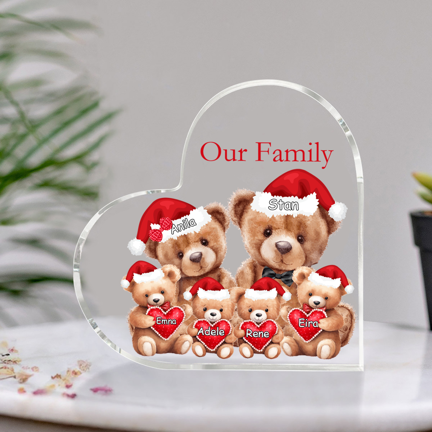 Personalised Teddy Bear Family Acrylic Heart Plaque Custom 3–10 Names & 1 Text Ornament Christmas Gifts for Dad/Mum