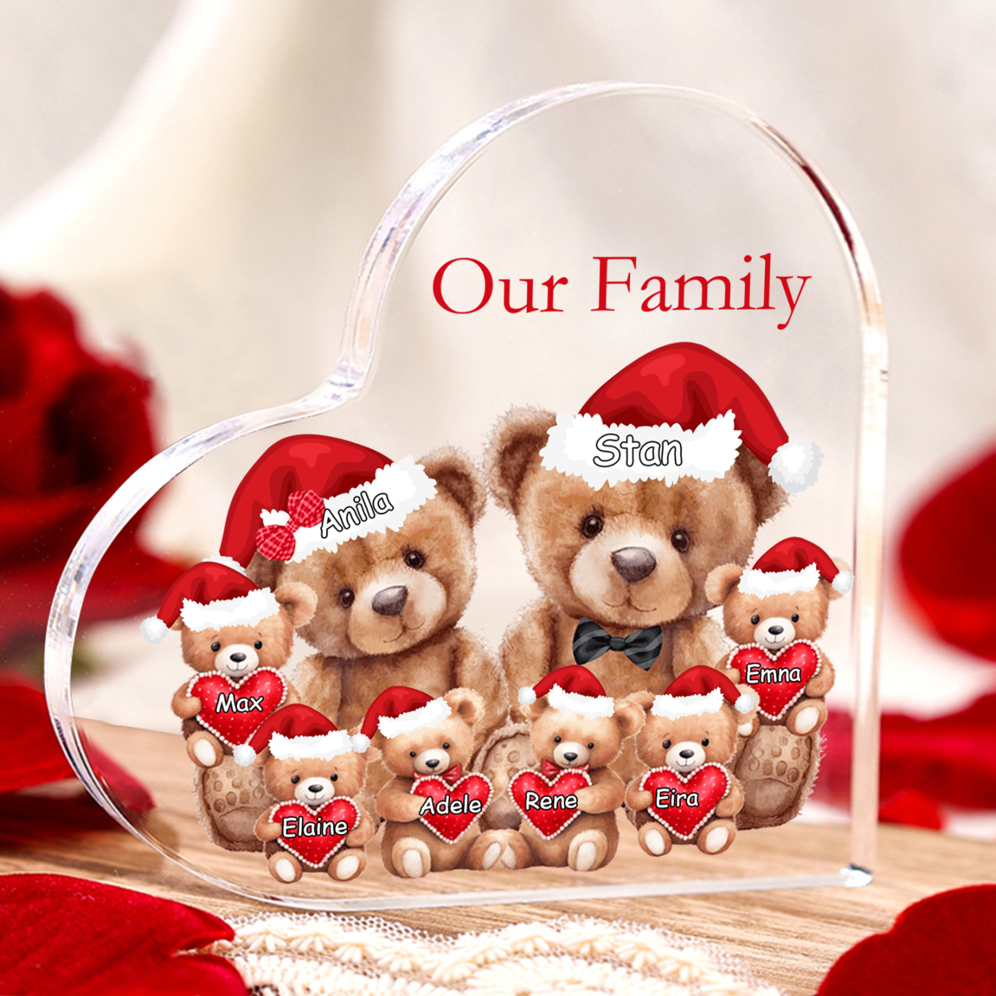 Personalised Teddy Bear Family Acrylic Heart Plaque Custom 3–10 Names & 1 Text Ornament Christmas Gifts for Dad/Mum