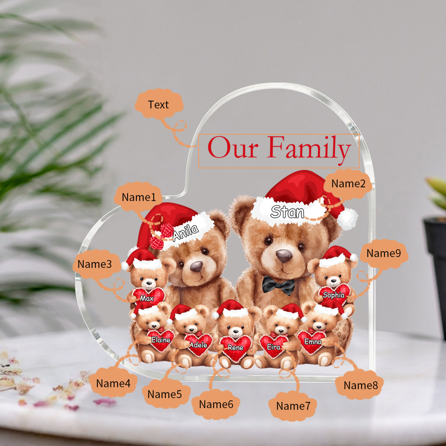 Personalised Teddy Bear Family Acrylic Heart Plaque Custom 3–10 Names & 1 Text Ornament Christmas Gifts for Dad/Mum