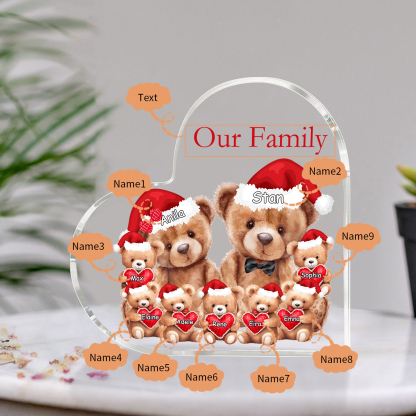 Personalised Teddy Bear Family Acrylic Heart Plaque Custom 3–10 Names & 1 Text Ornament Christmas Gifts for Dad/Mum