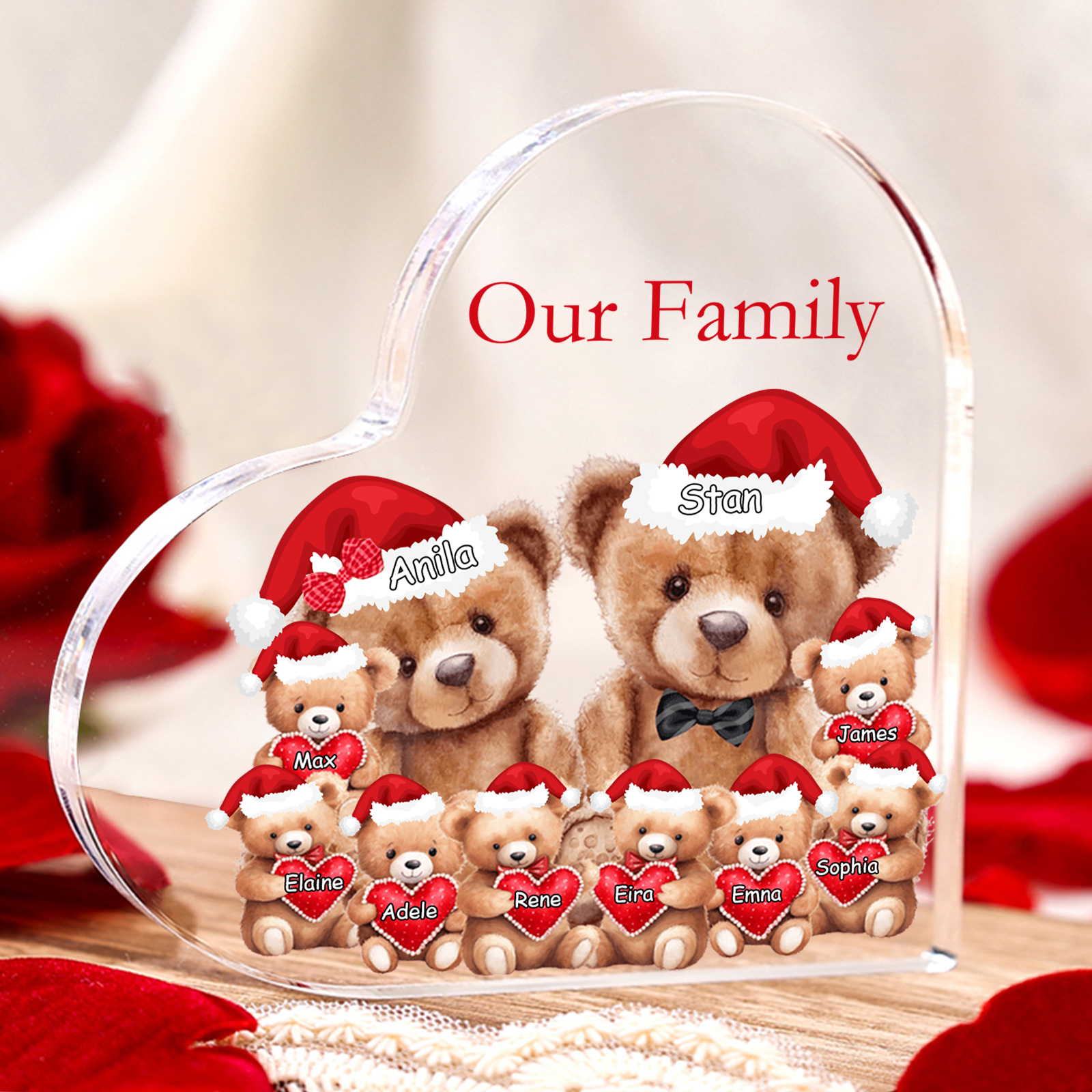Personalised Teddy Bear Family Acrylic Heart Plaque Custom 3–10 Names & 1 Text Ornament Christmas Gifts for Dad/Mum