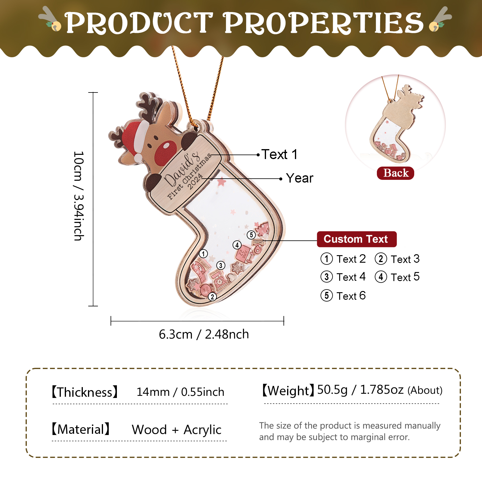 Personalized Reindeer Baby's First Christmas Stocking Shaker Ornament with 6 Custom Texts and Year