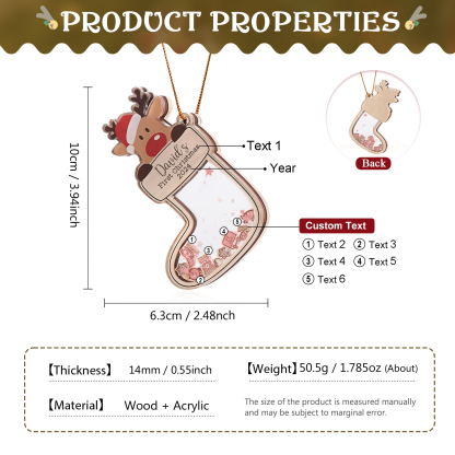 Personalized Reindeer Baby's First Christmas Stocking Shaker Ornament with 6 Custom Texts and Year