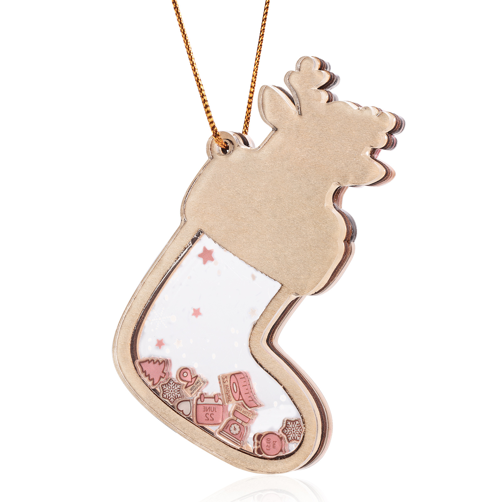 Personalized Reindeer Baby's First Christmas Stocking Shaker Ornament with 6 Custom Texts and Year