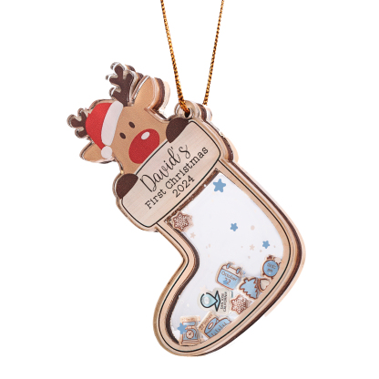 Personalized Reindeer Baby's First Christmas Stocking Shaker Ornament with 6 Custom Texts and Year