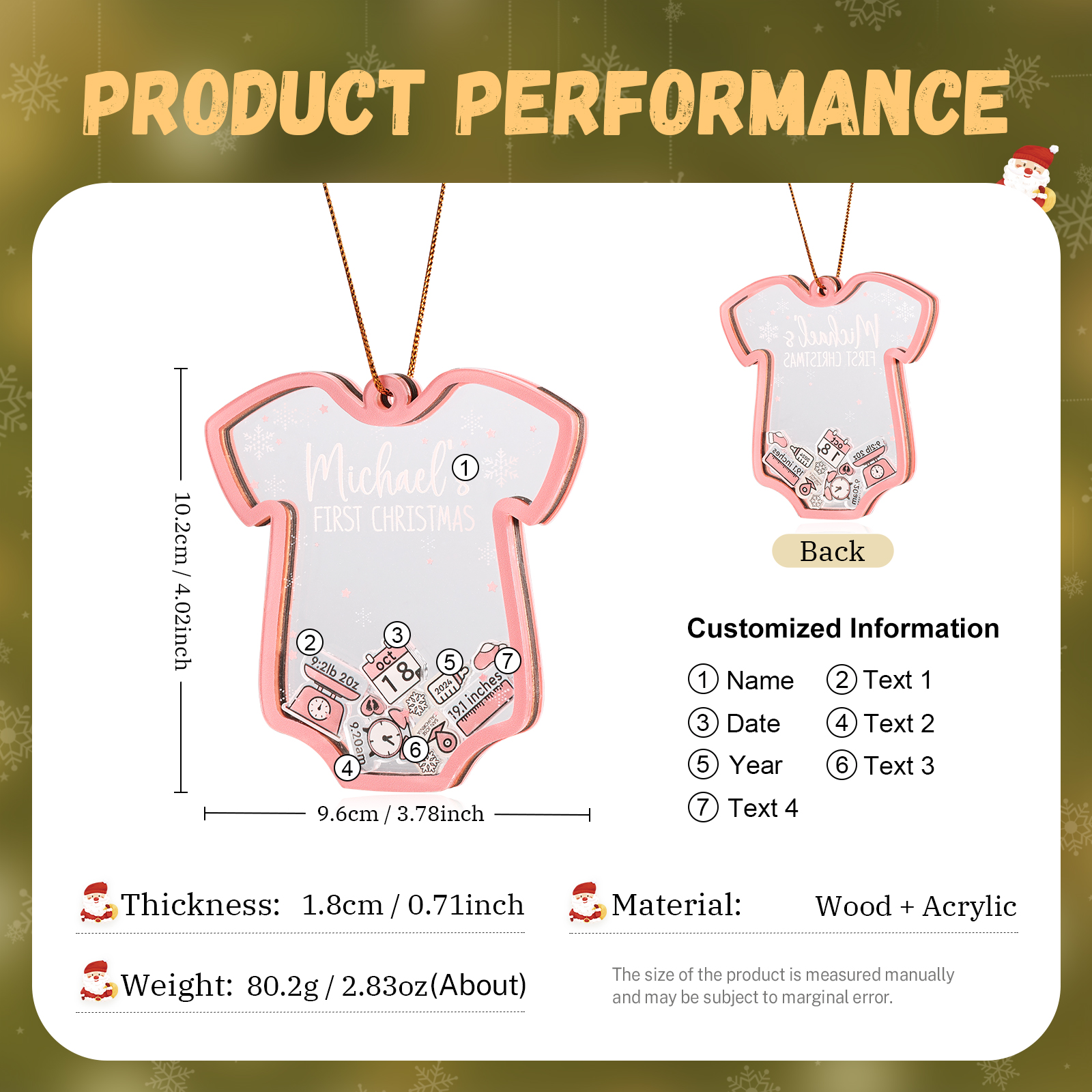 Personalized Baby's First Christmas Ornament 4 texts Name Date and Year Keepsake