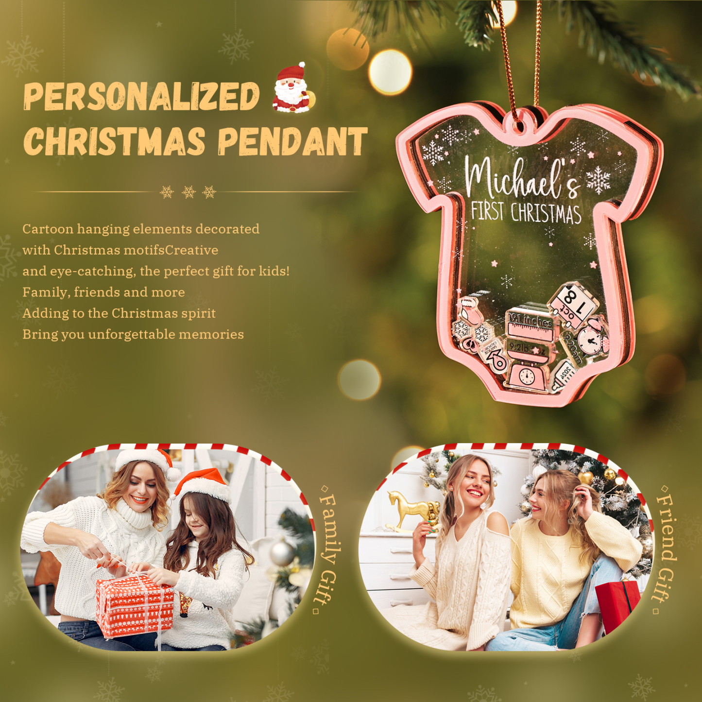 Personalized Baby's First Christmas Ornament 4 texts Name Date and Year Keepsake