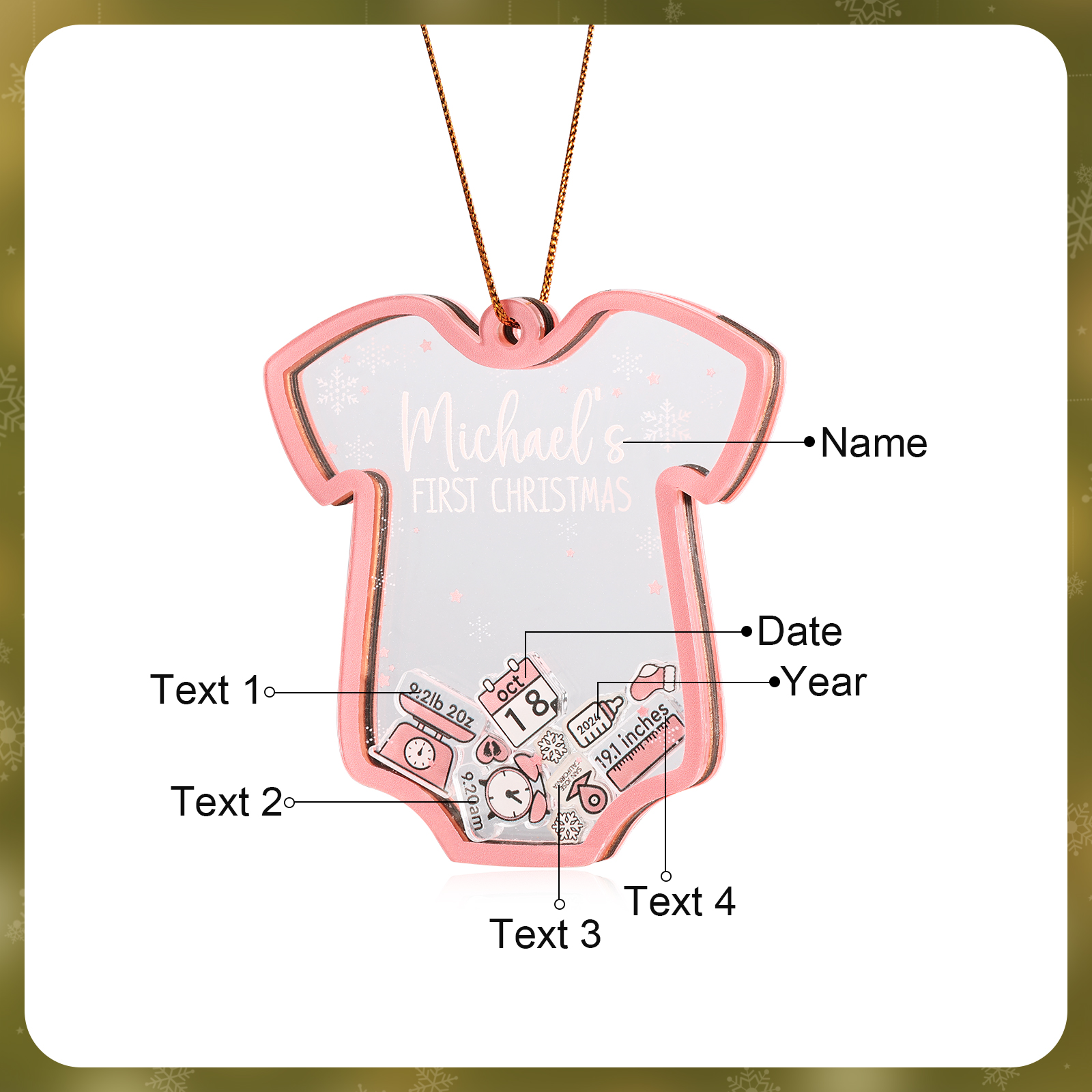 Personalized Baby's First Christmas Ornament 4 texts Name Date and Yea