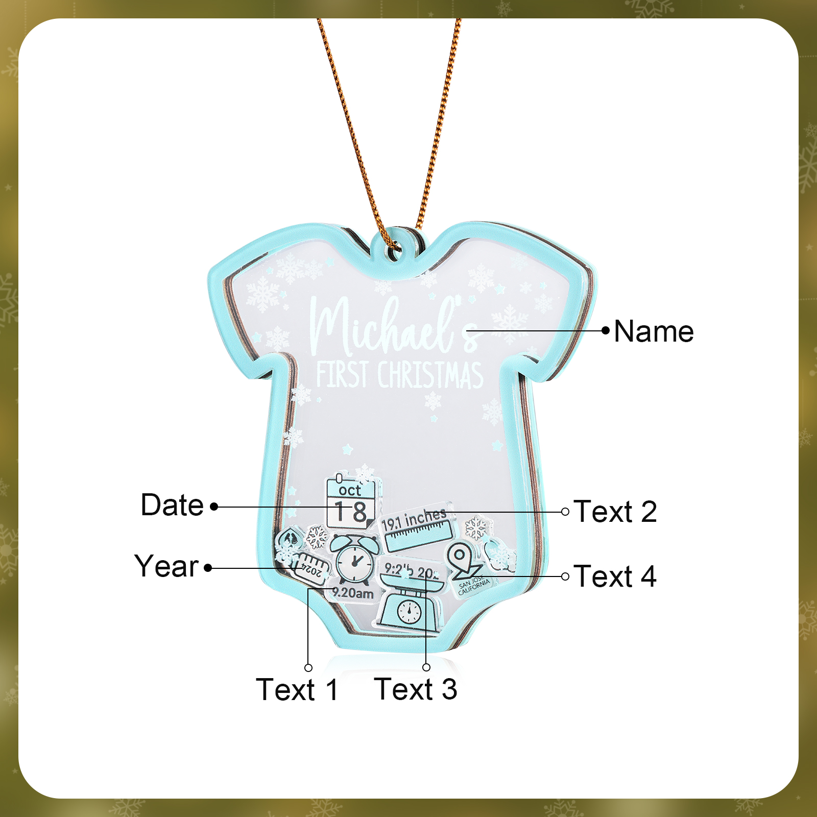 Personalized Baby's First Christmas Ornament 4 texts Name Date and Year Keepsake