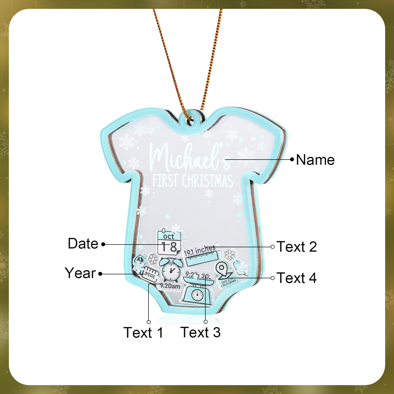 Personalized Baby's First Christmas Ornament 4 texts Name Date and Year Keepsake