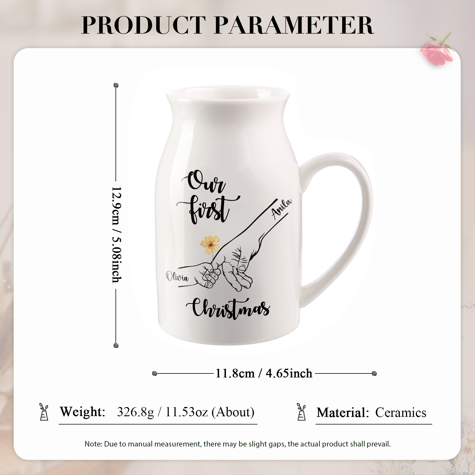 Personalised Holding Hands Ceramic Vase Custom 2 Names Gift for Mother - Our First Christmas