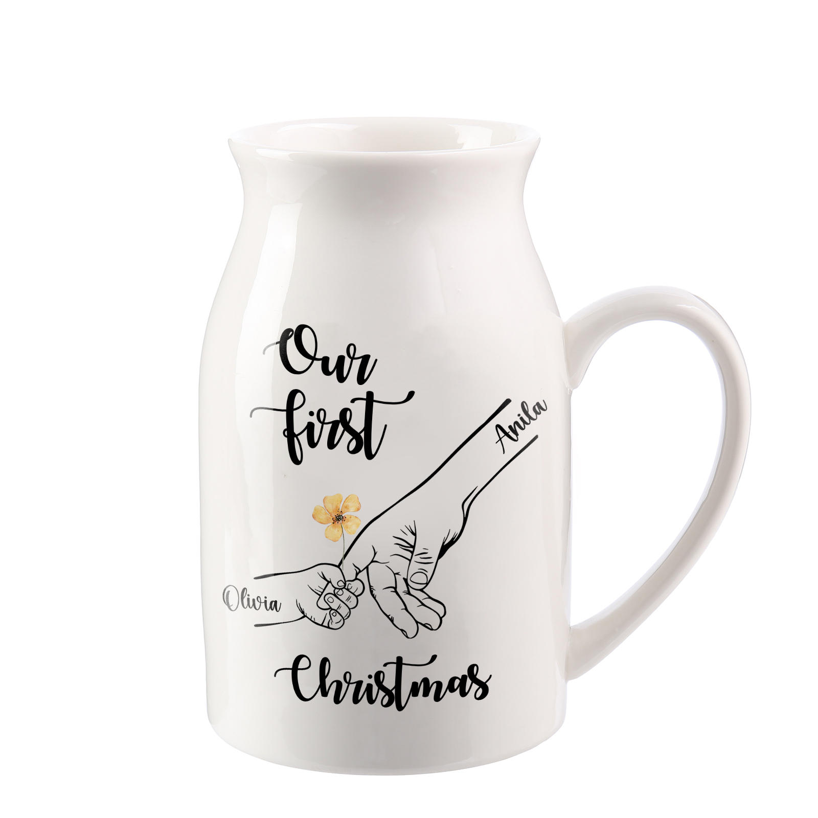 Personalised Holding Hands Ceramic Vase Custom 2 Names Gift for Mother - Our First Christmas