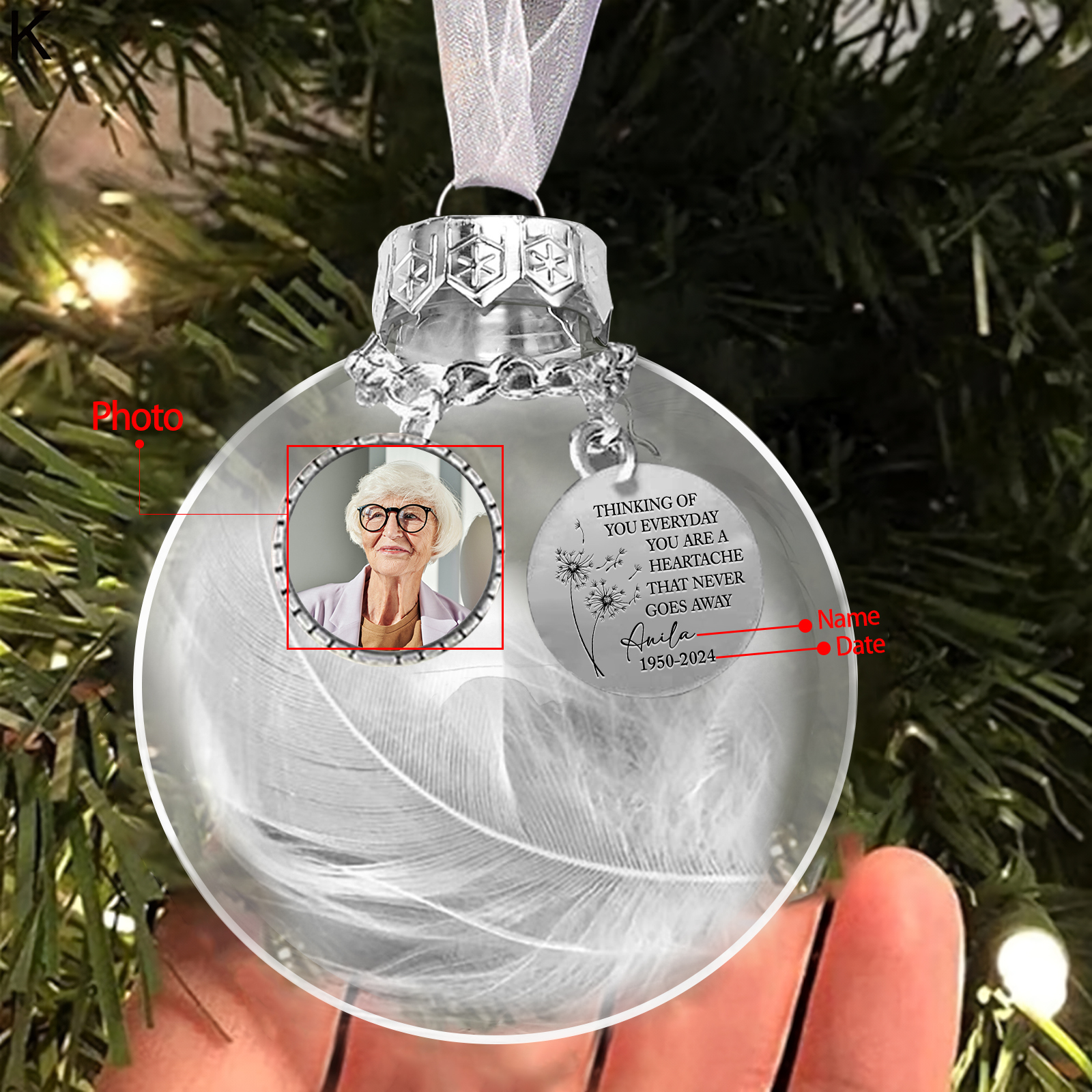 Personalized Memorial Ball Custom Photo & Name & Date Christmas Ornament - Thinking Of You Everyday, You Are A Heartache That Never Goes Away