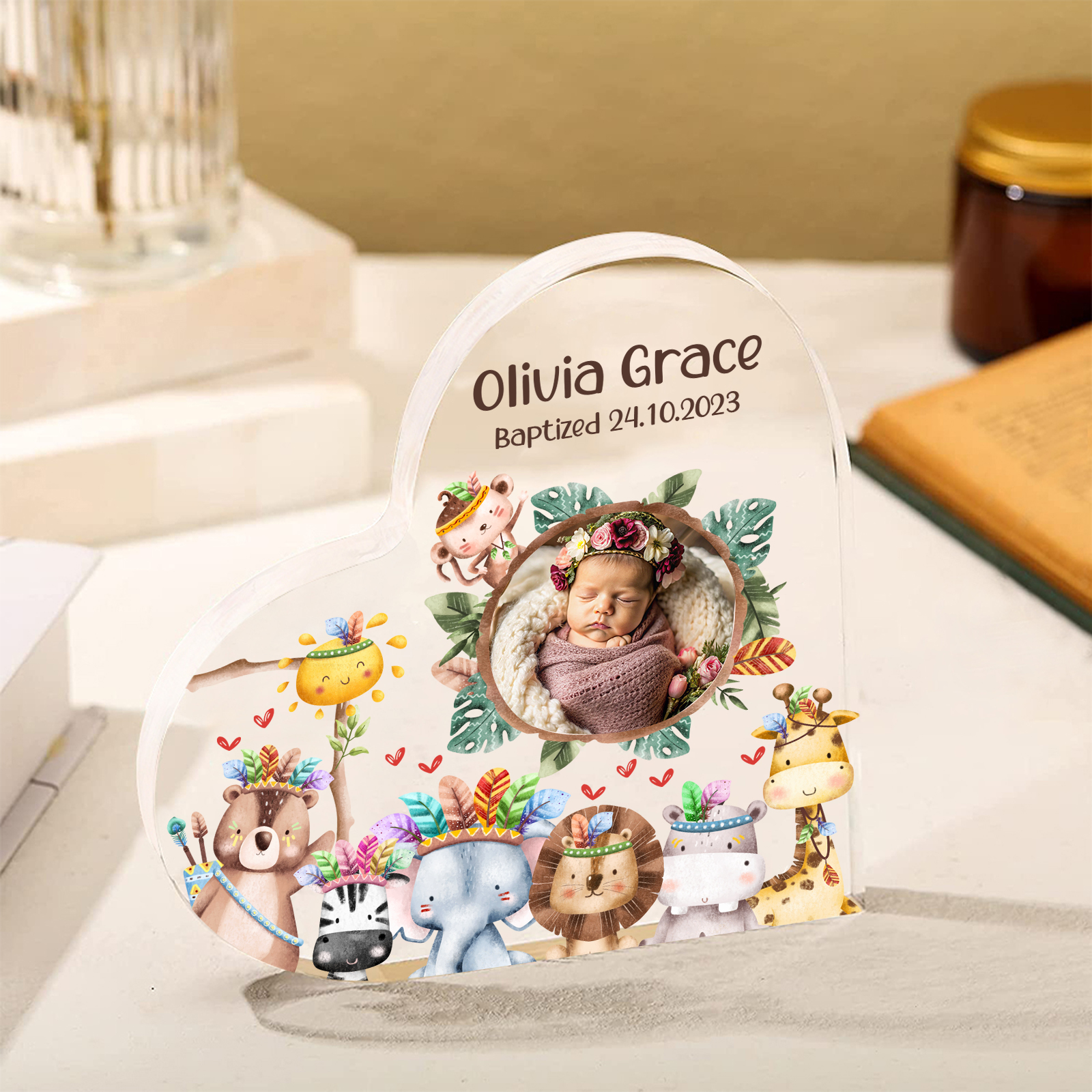 Personalized Acrylic Plaque Custom Name & Text & Photo Baby Keepsake Heart Ornament with Cute Animals