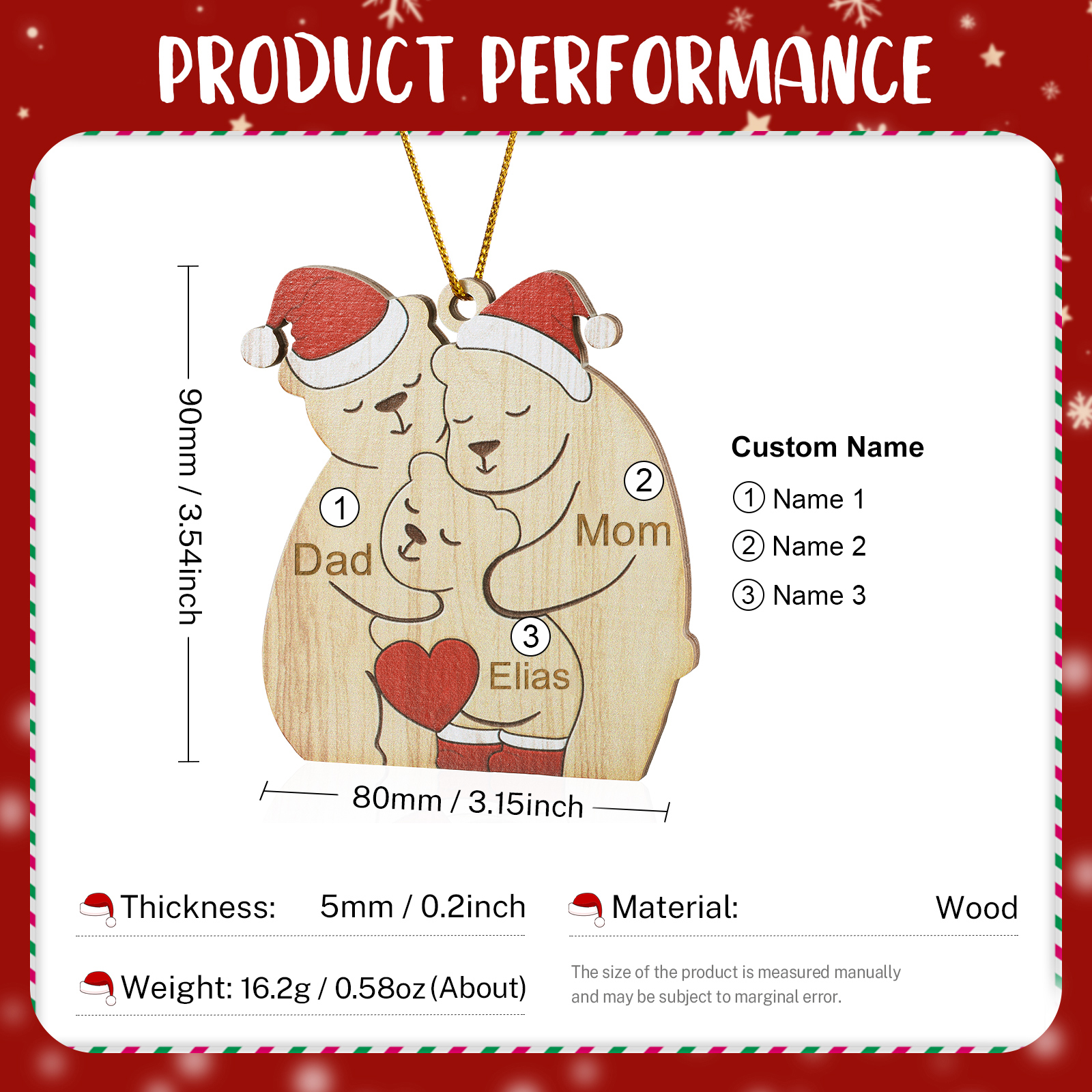Personalized Wooden Bear Family Ornament with Custom 3 Names Heartwarming Christmas Gift