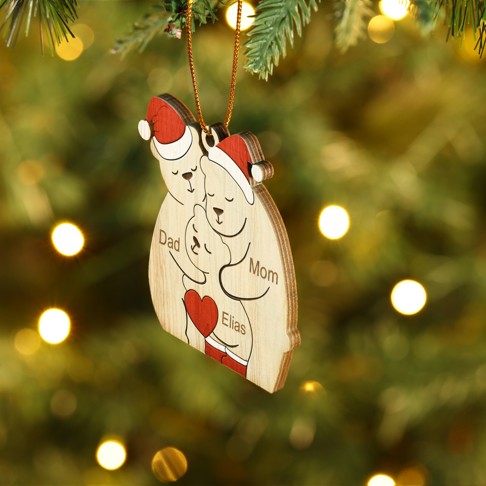Personalized Wooden Bear Family Ornament with Custom 3 Names Heartwarming Christmas Gift