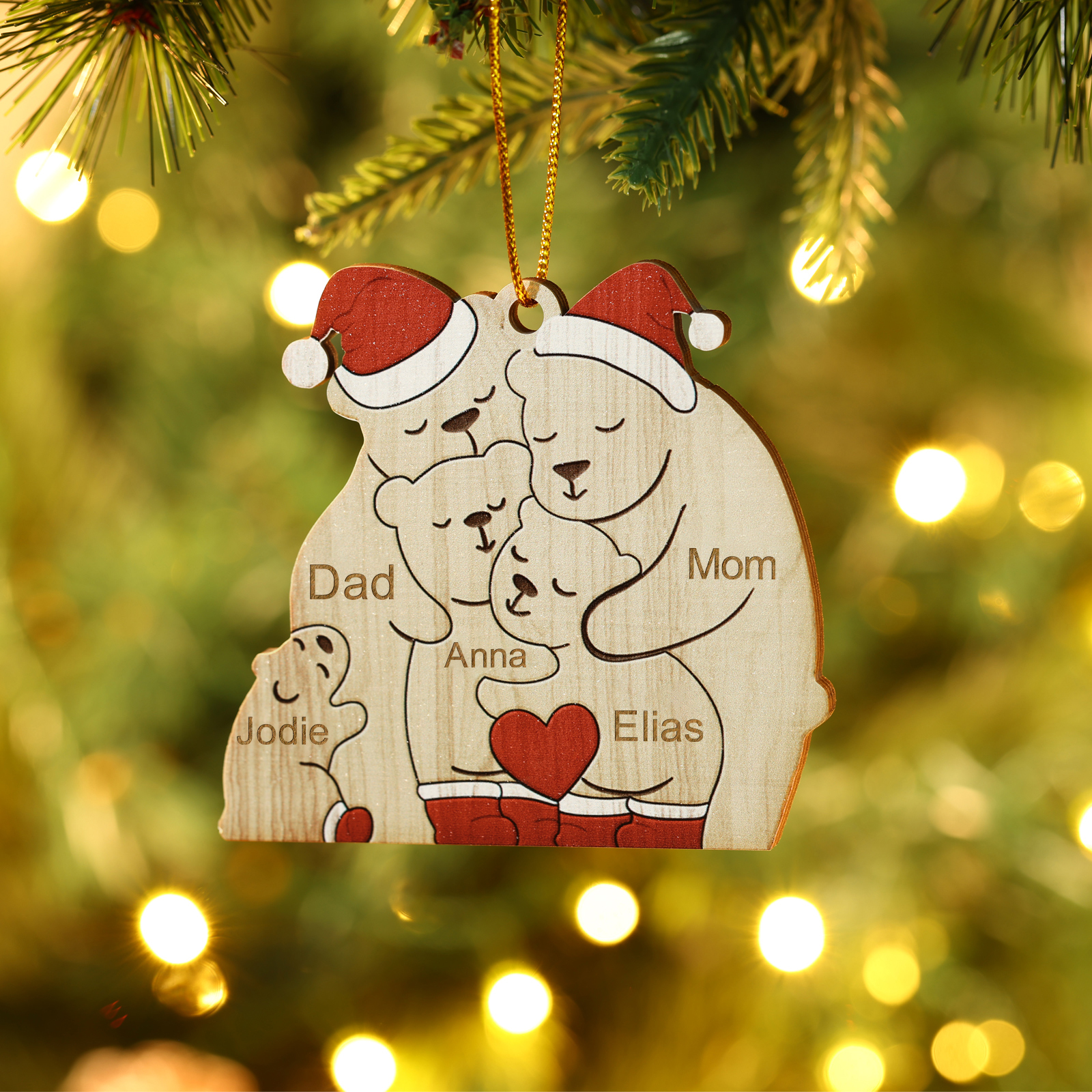 Personalized Wooden Bear Family Ornament with Custom 5 Names Heartwarming Christmas Gift