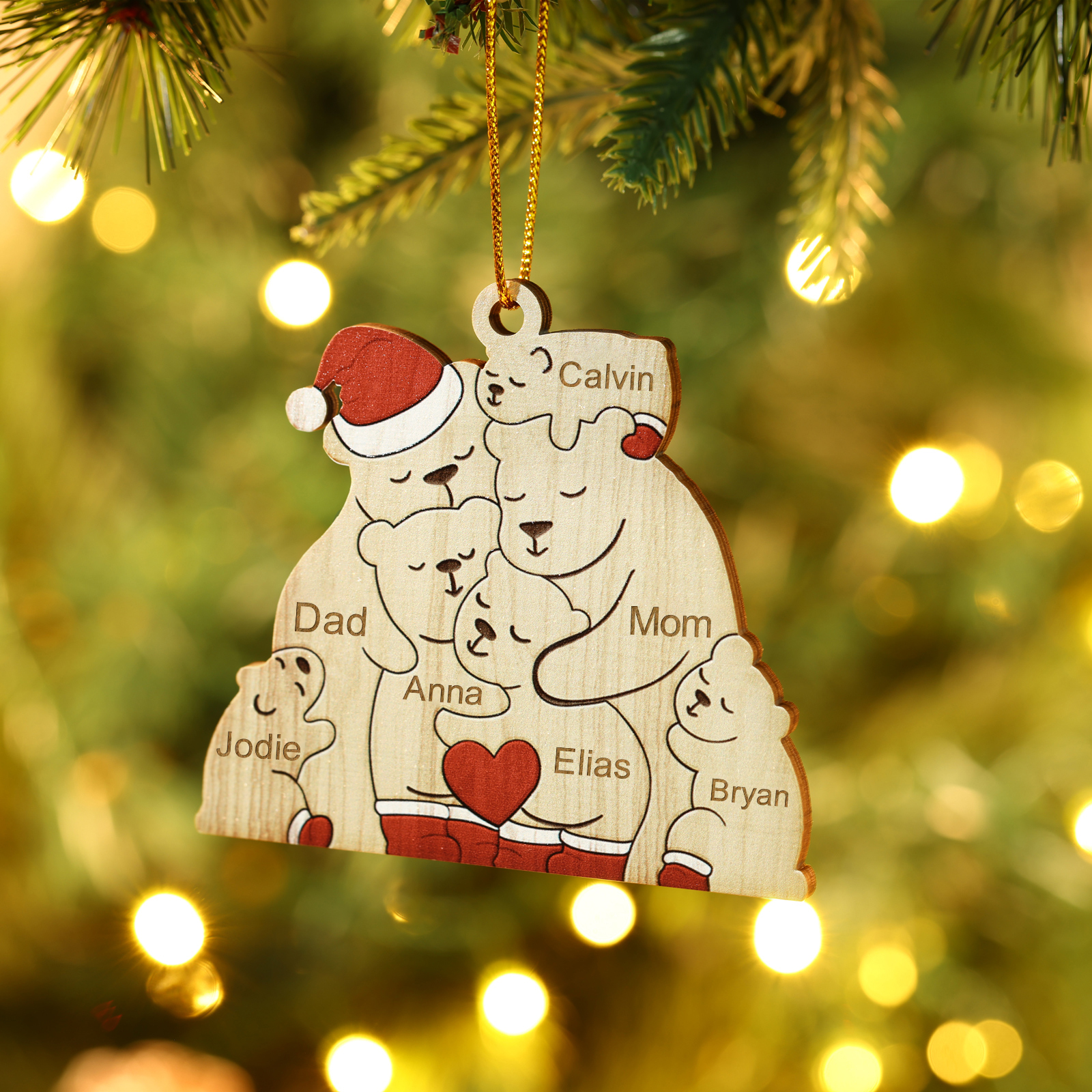 Personalized Wooden Bear Family Ornament with Custom 7 Names Heartwarming Christmas Gift