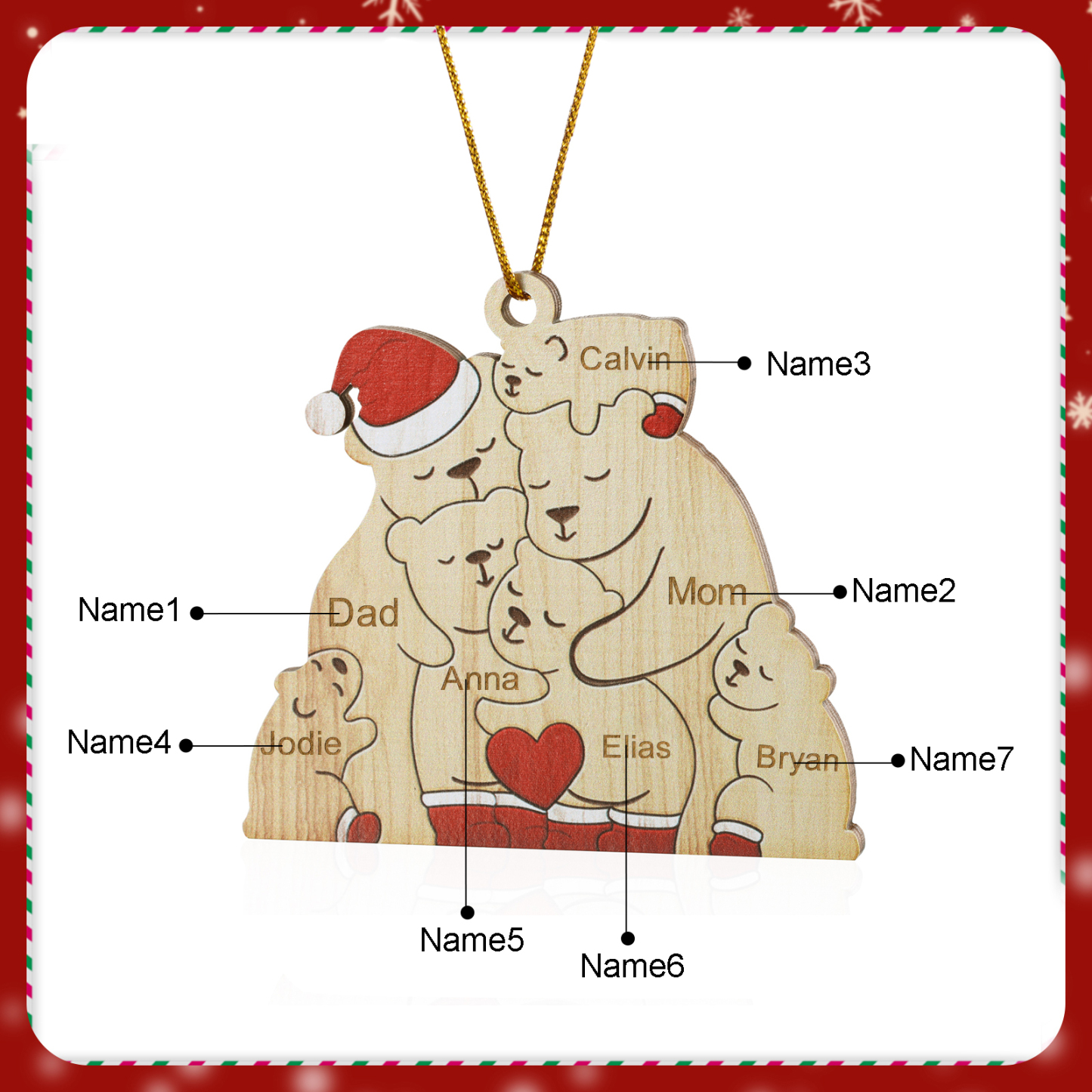 Personalized Wooden Bear Family Ornament with Custom 7 Names Heartwarming Christmas Gift