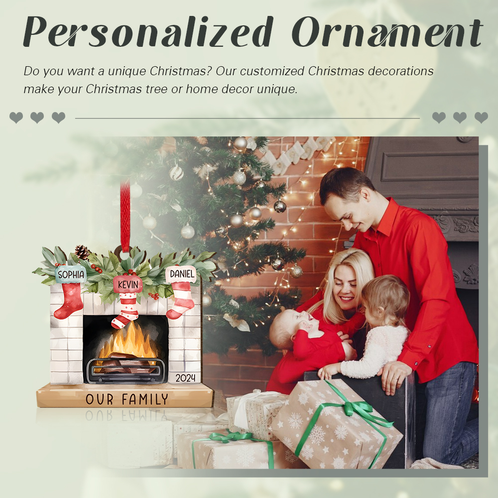 Personalized Christmas Ornament Fireplace Stocking Customized 2-8 Names Wooden Hanging Ornaments Christmas Gift for Family