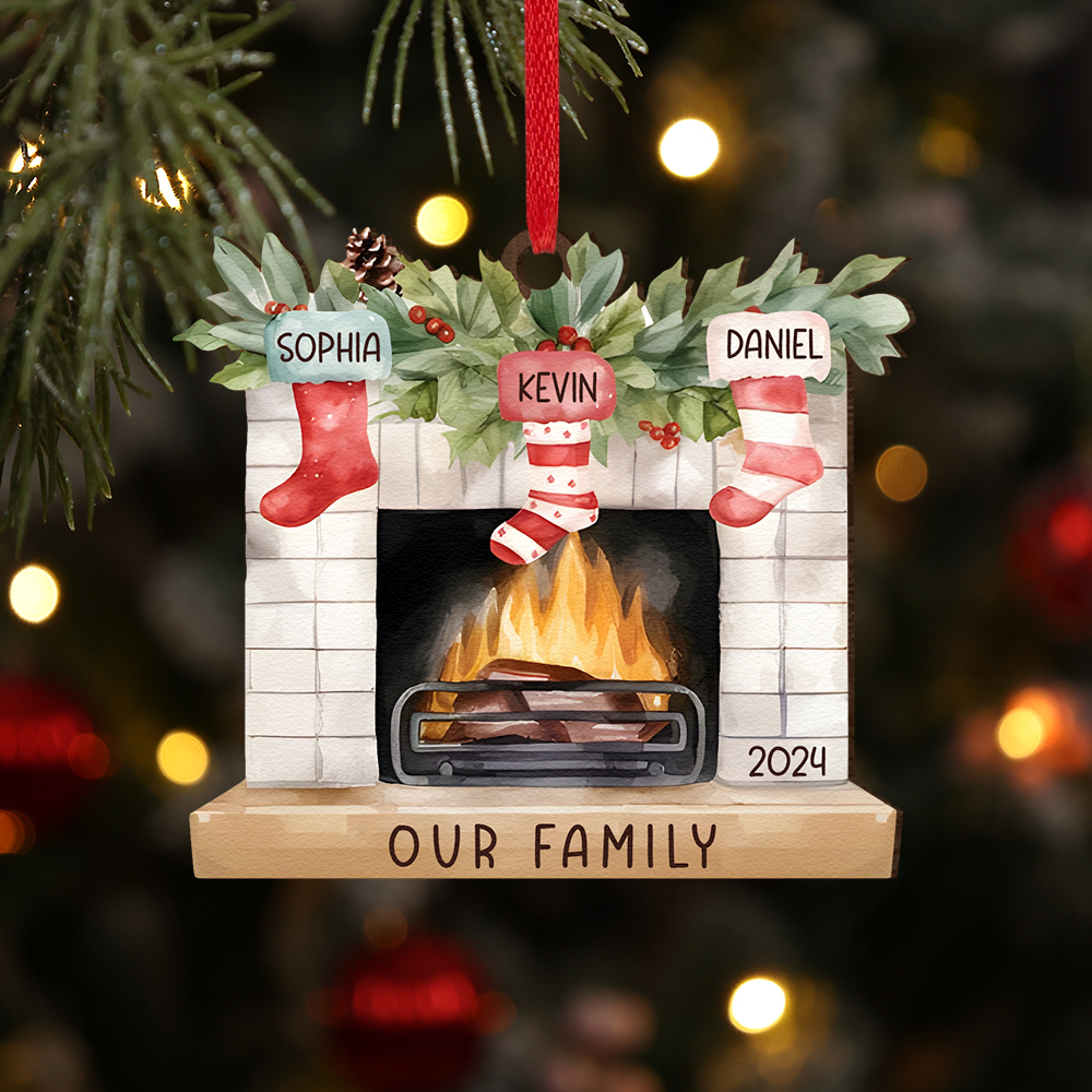 Personalized Christmas Ornament Fireplace Stocking Customized 2-8 Names Wooden Hanging Ornaments Christmas Gift for Family