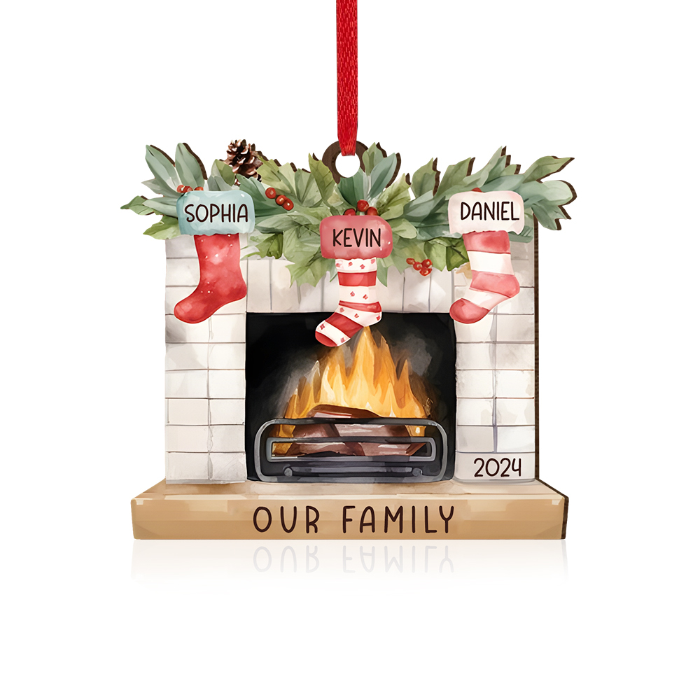 Personalized Christmas Ornament Fireplace Stocking Customized 2-8 Names Wooden Hanging Ornaments Christmas Gift for Family