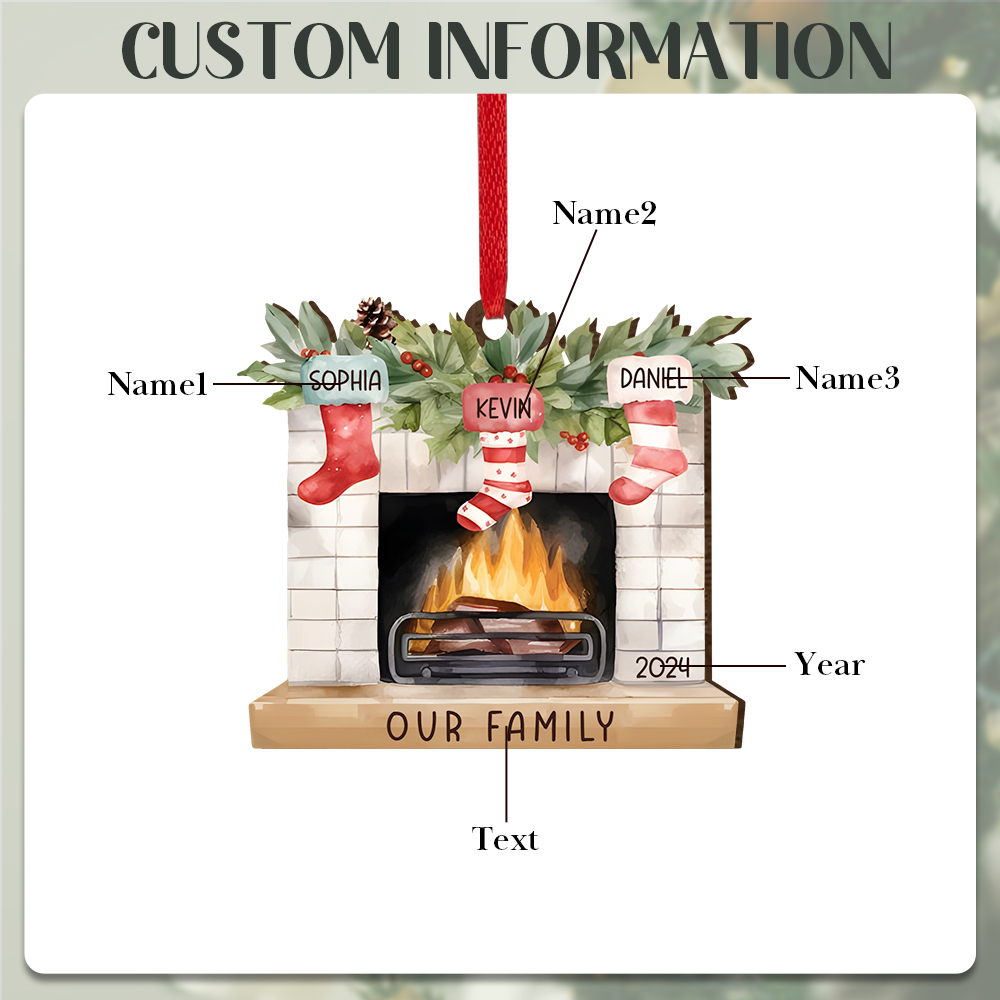 Personalized Christmas Ornament Fireplace Stocking Customized 2-8 Names Wooden Hanging Ornaments Christmas Gift for Family