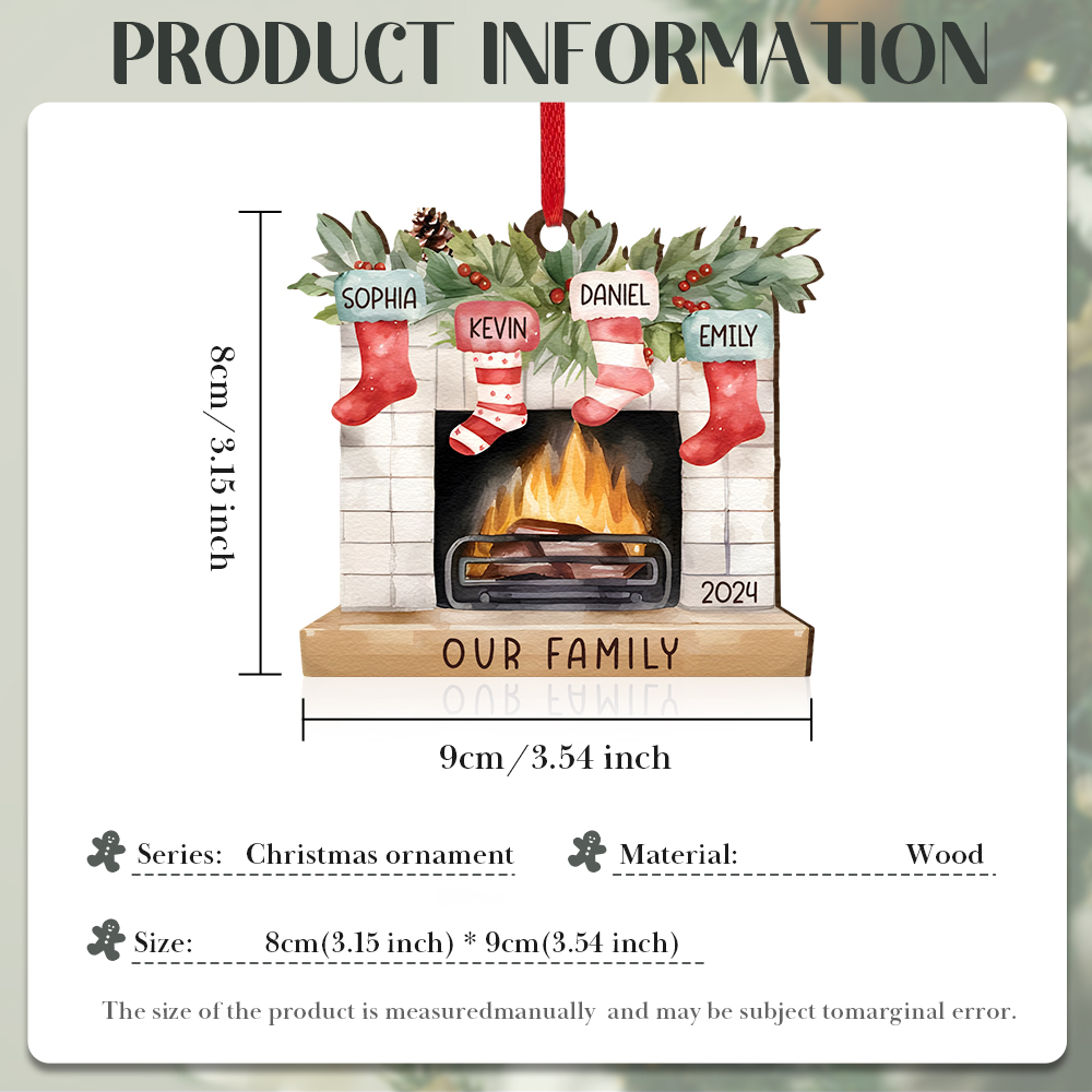 Personalized Christmas Ornament Fireplace Stocking Customized 2-8 Names Wooden Hanging Ornaments Christmas Gift for Family