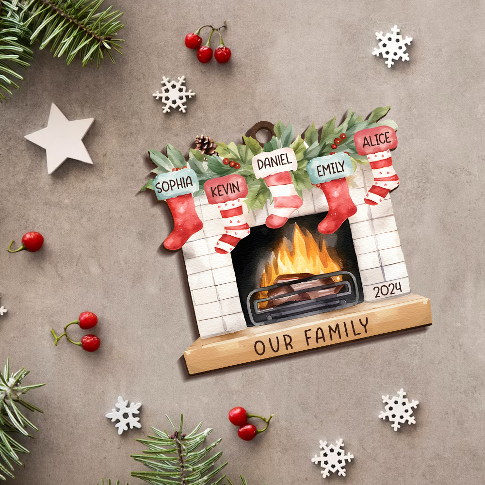 Personalized Christmas Ornament Fireplace Stocking Customized 2-8 Names Wooden Hanging Ornaments Christmas Gift for Family