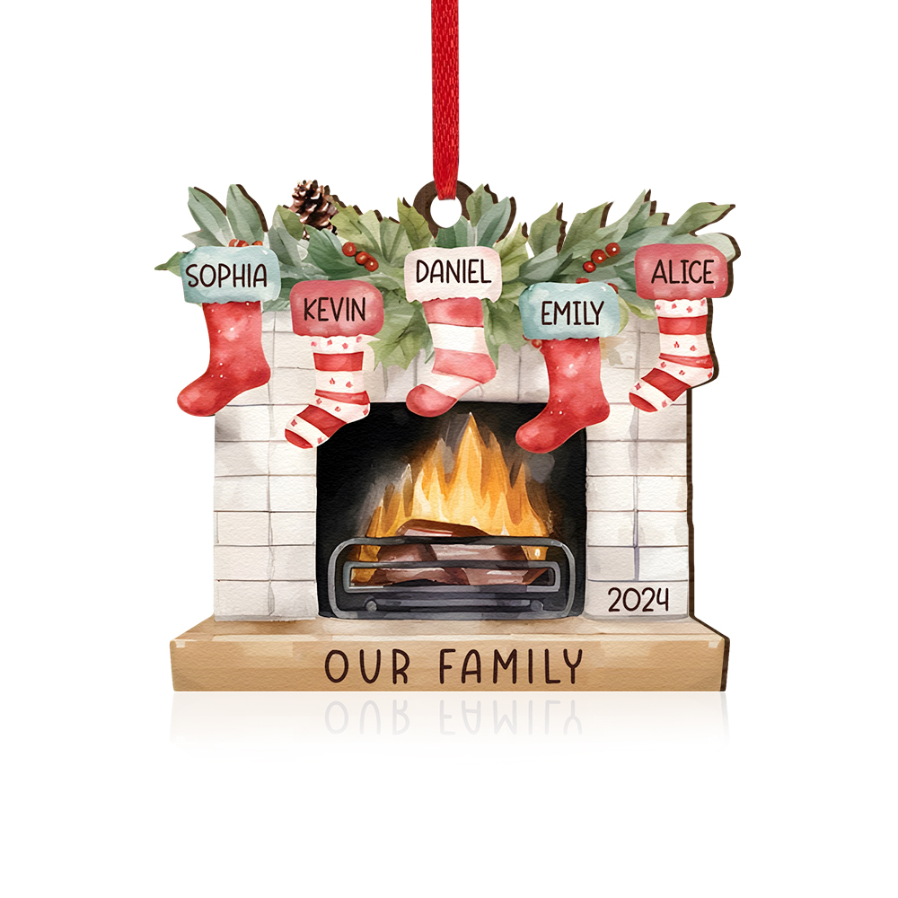 Personalized Christmas Ornament Fireplace Stocking Customized 2-8 Names Wooden Hanging Ornaments Christmas Gift for Family
